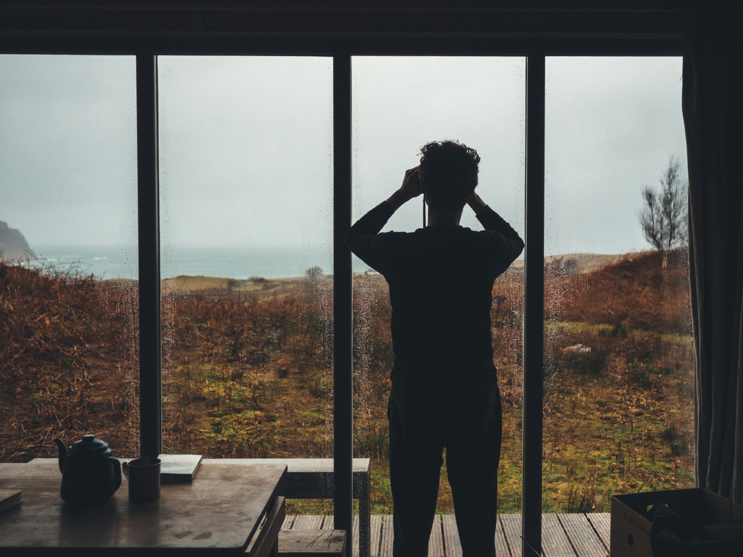 The silhouette of a man looking out floor to ceiling windows with binoculars. The view outside is of grass and the sea in the distance with a gray sky.
