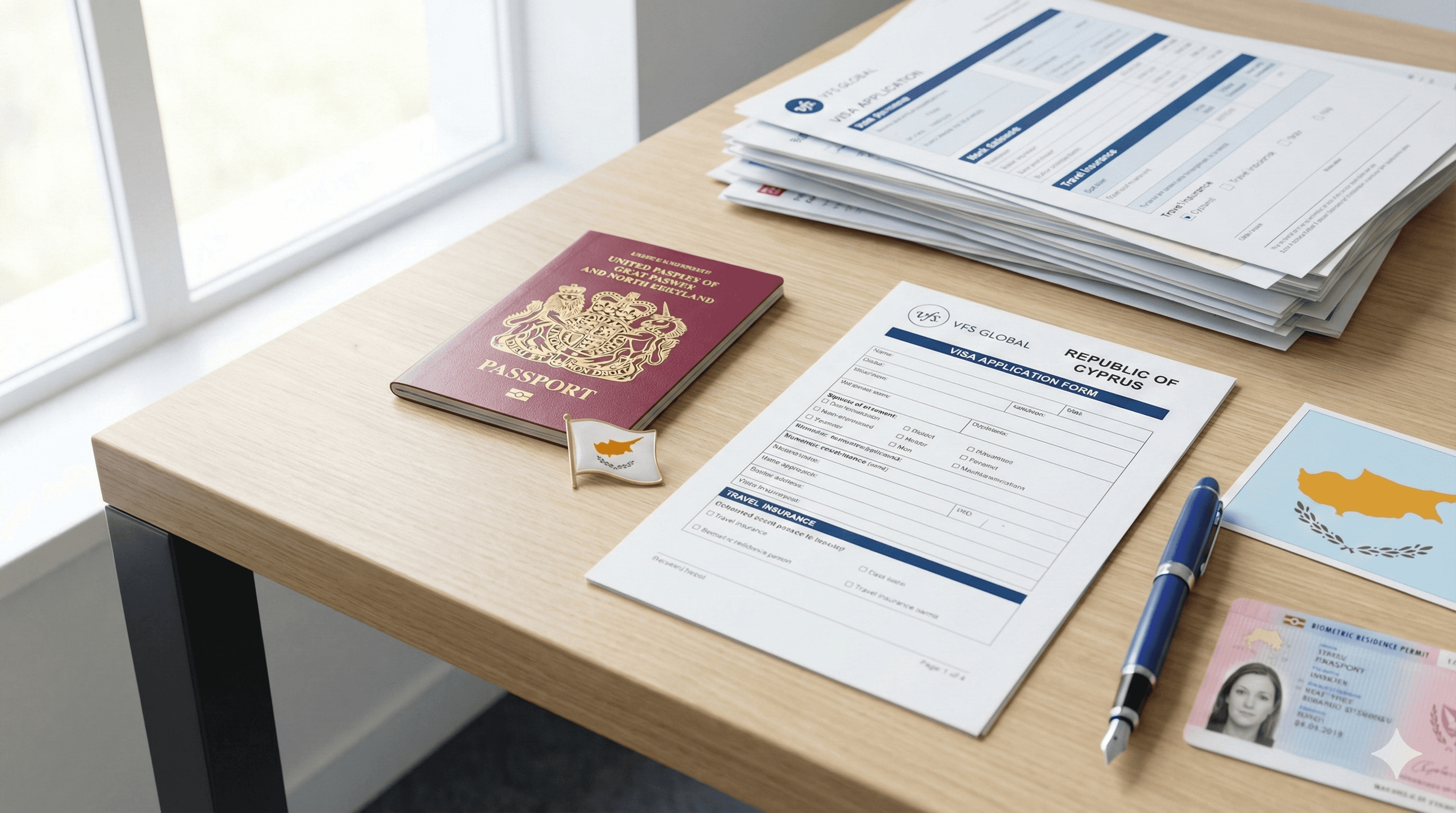 Cyprus visa application documents with UK passport and VFS Global appointment booking form for 2026 requirements
