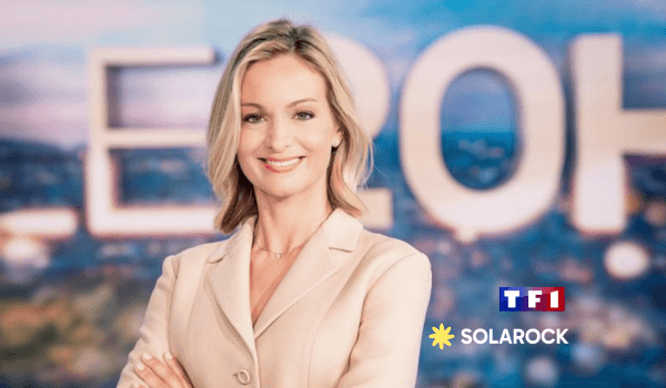 Photo d'Audrey Crespo Mara qui présente Solarock comme expert photovoltaïque au JT de 20h de TF1