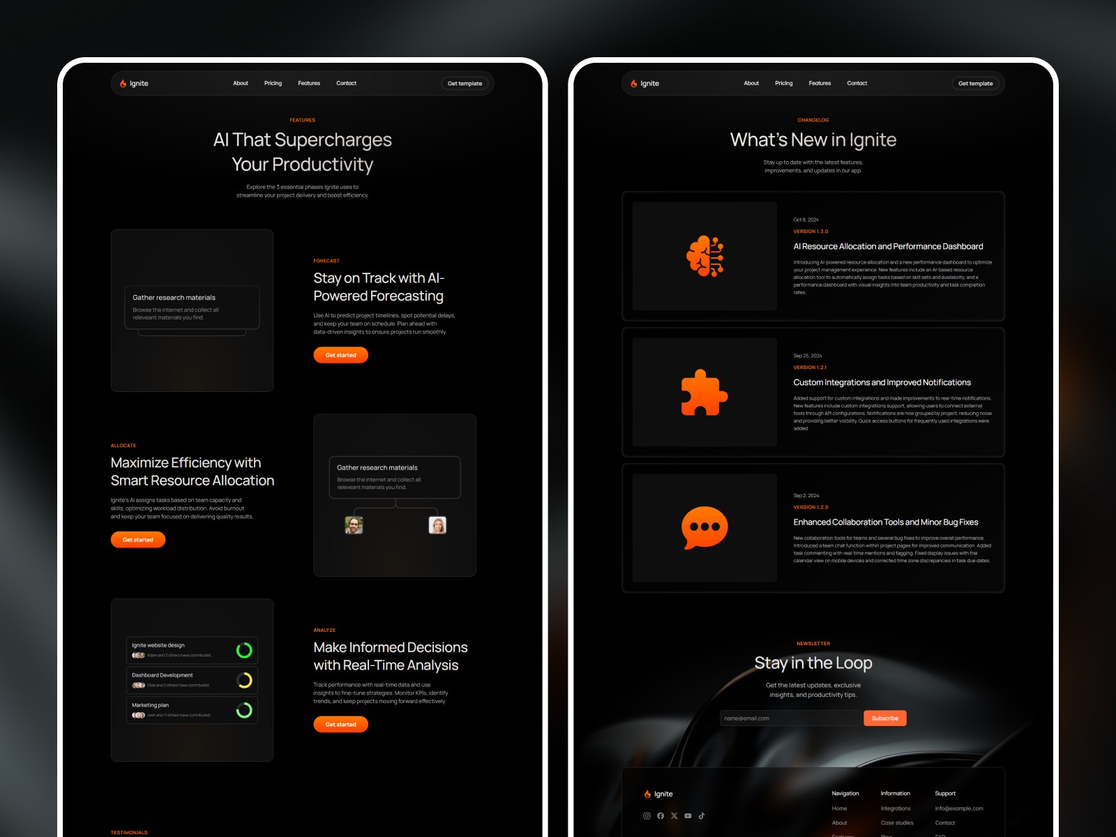 Ignite features page "AI That Supercharges Your Productivity" with team section