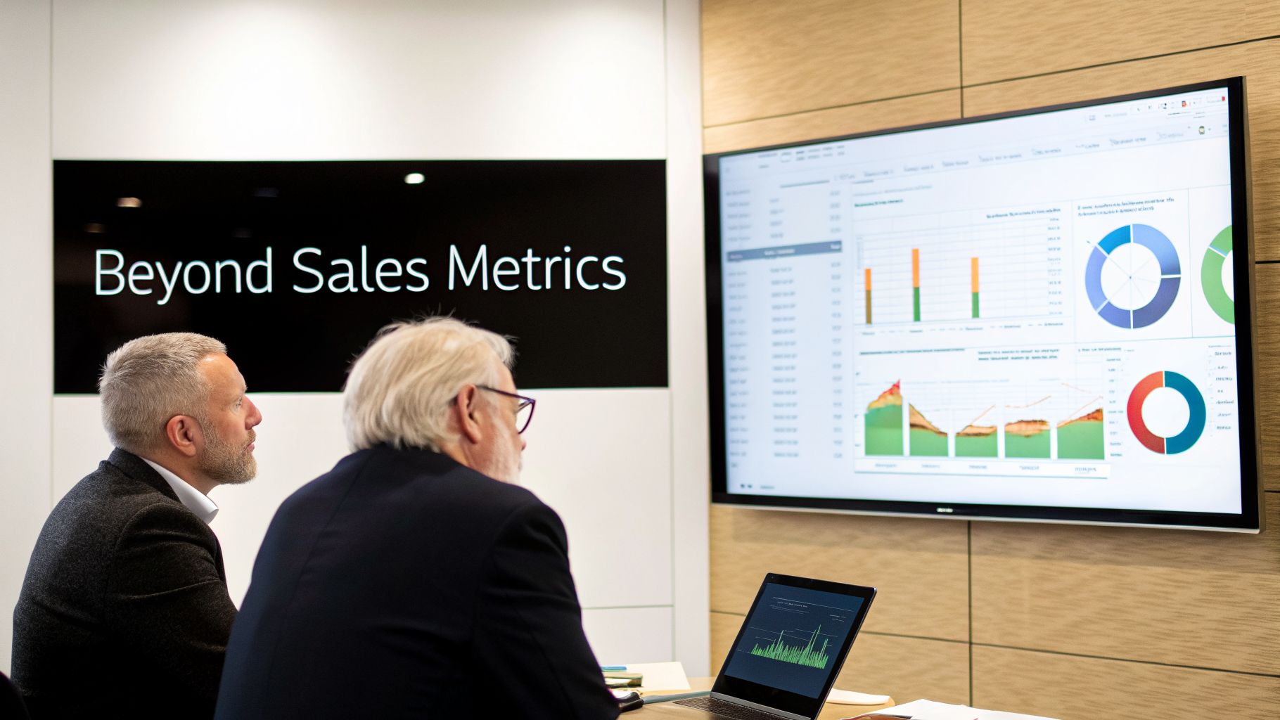 Two business professionals analyzing customer engagement and sales metrics on a large screen.