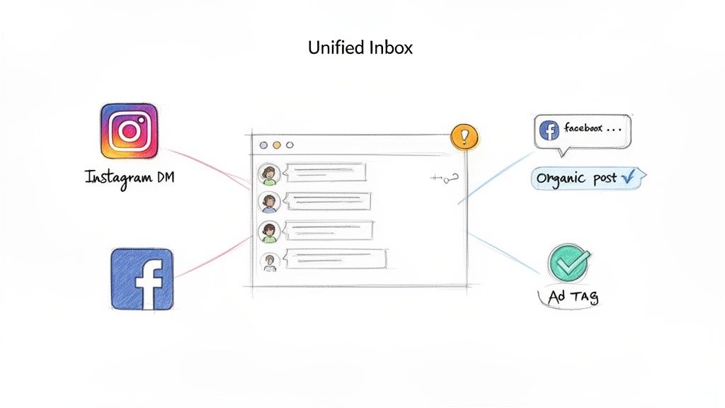 A diagram illustrating a unified inbox for managing Instagram DMs, Facebook messages, organic posts, and ad tags.