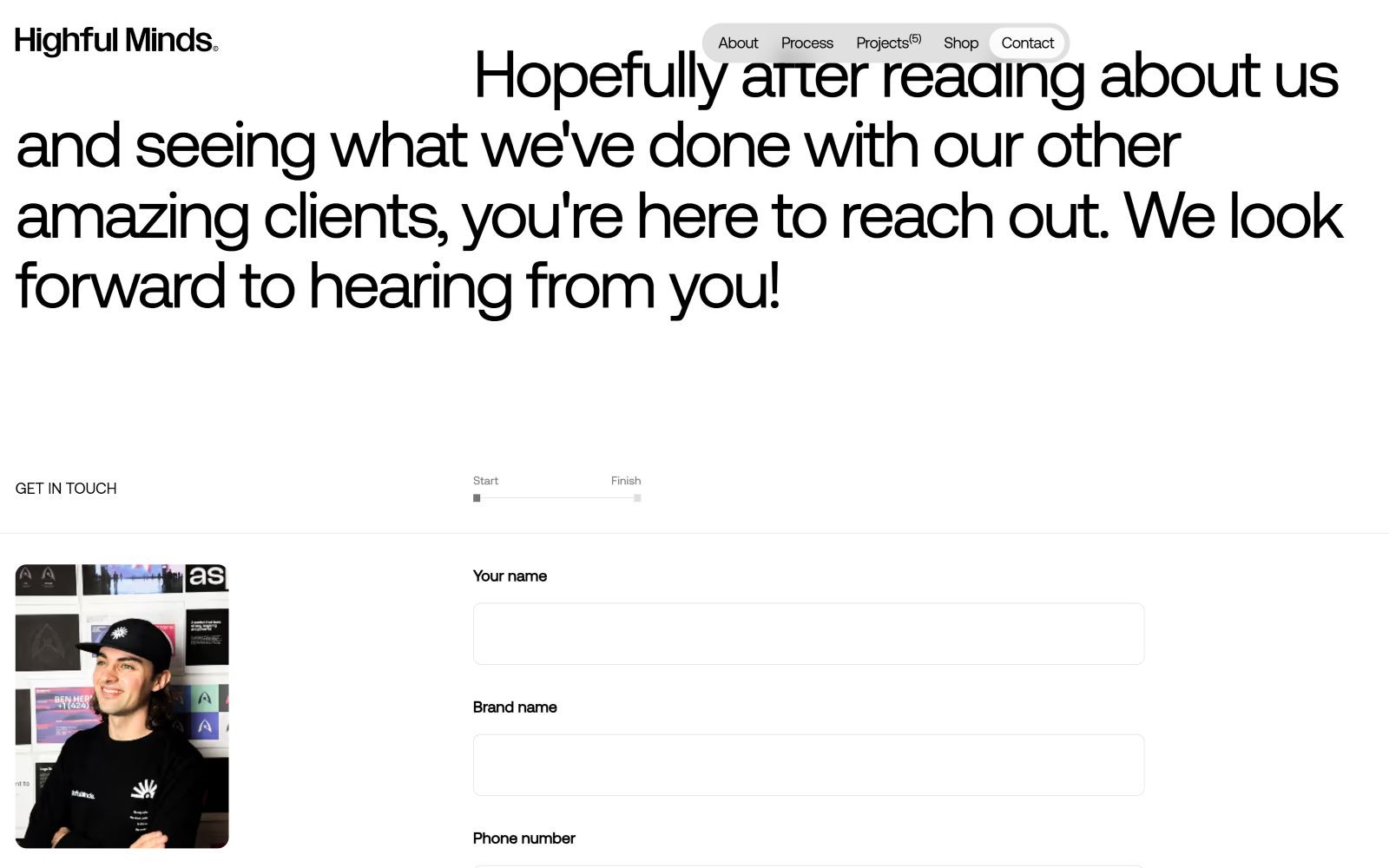 White background with black text: "Hopefully after reading about us..." Contact form fields: "Your name," "Brand name," "Phone number.