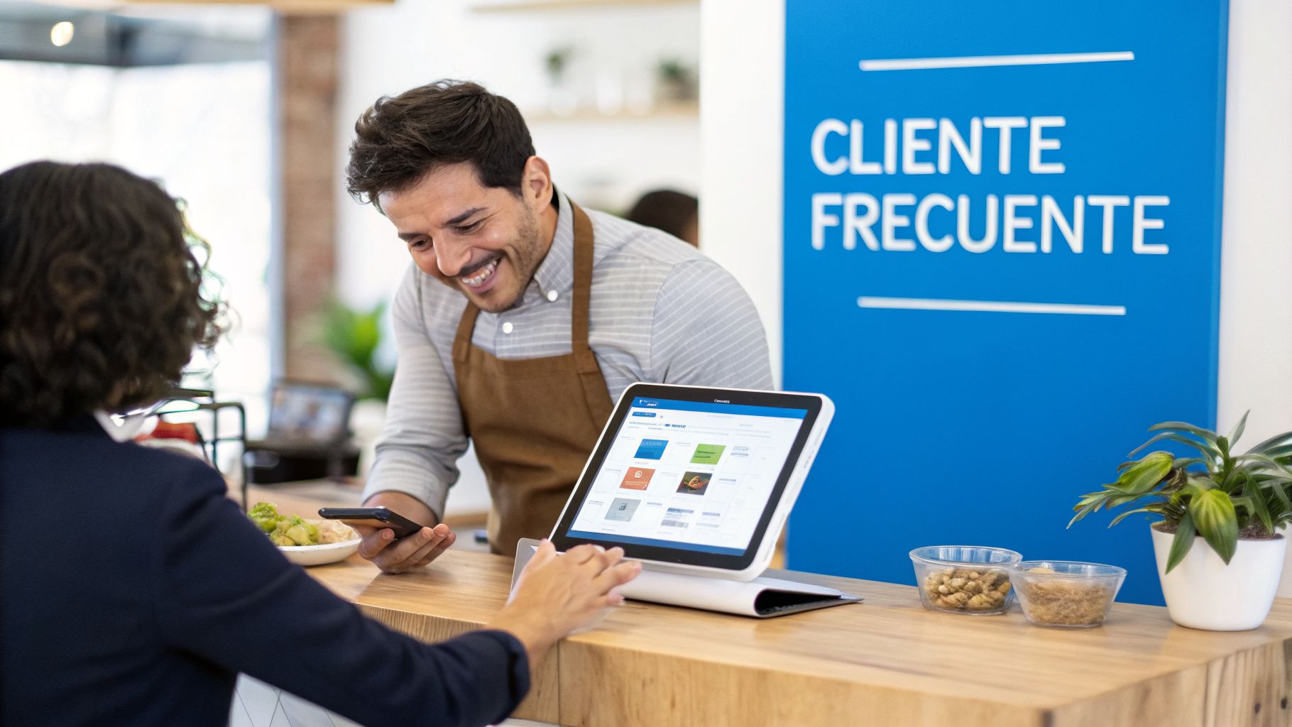 Cajero sonriente de una cafetería atendiendo a una clienta que paga con su teléfono en un mostrador con una tableta POS y un cartel de 'Cliente Frecuente'.