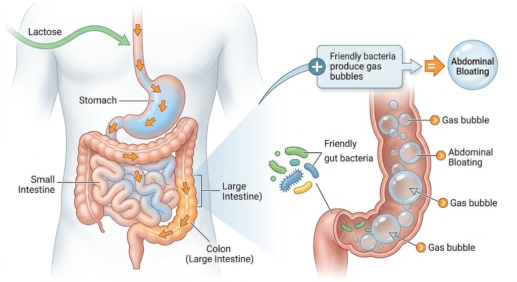 A medical illustration of the human digestive system. Arrows show lactose moving into the large intestine (colon), where simplified blue and green "friendly gut bacteria" clusters produce numerous large blue gas bubbles. Labels point to the stomach, small intestine, large intestine (colon), and explicit "gas bubbles". A separate bubble label in the lower right indicates "Abdominal Bloating". The illustration is set against a plain white background with subtle blue-orange color-coding for educational clarity.