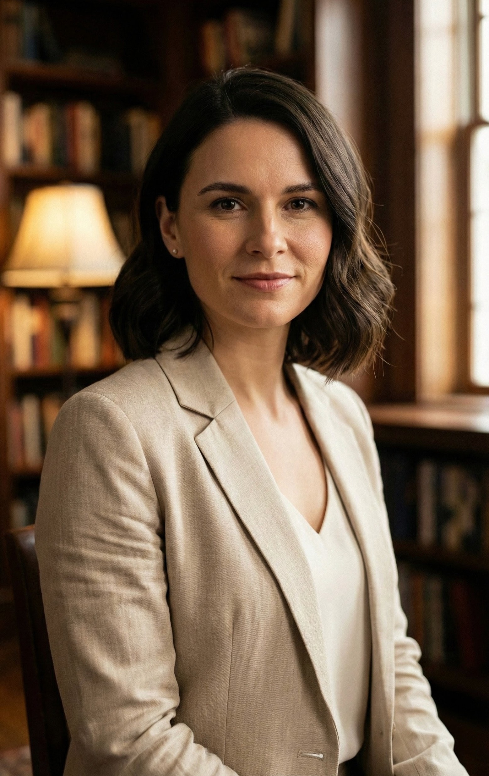 Professional portrait of Dr. Elena Vance, a clinical psychologist, wearing a beige blazer and sitting in front of a wooden bookshelf.