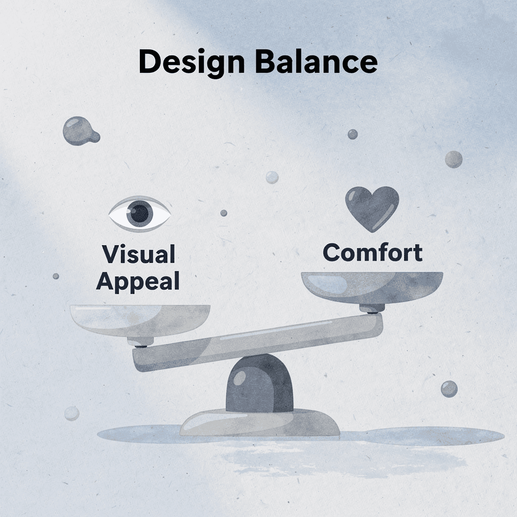 Balance scale showing visual appeal versus comfort in Mardi Gras shirt design