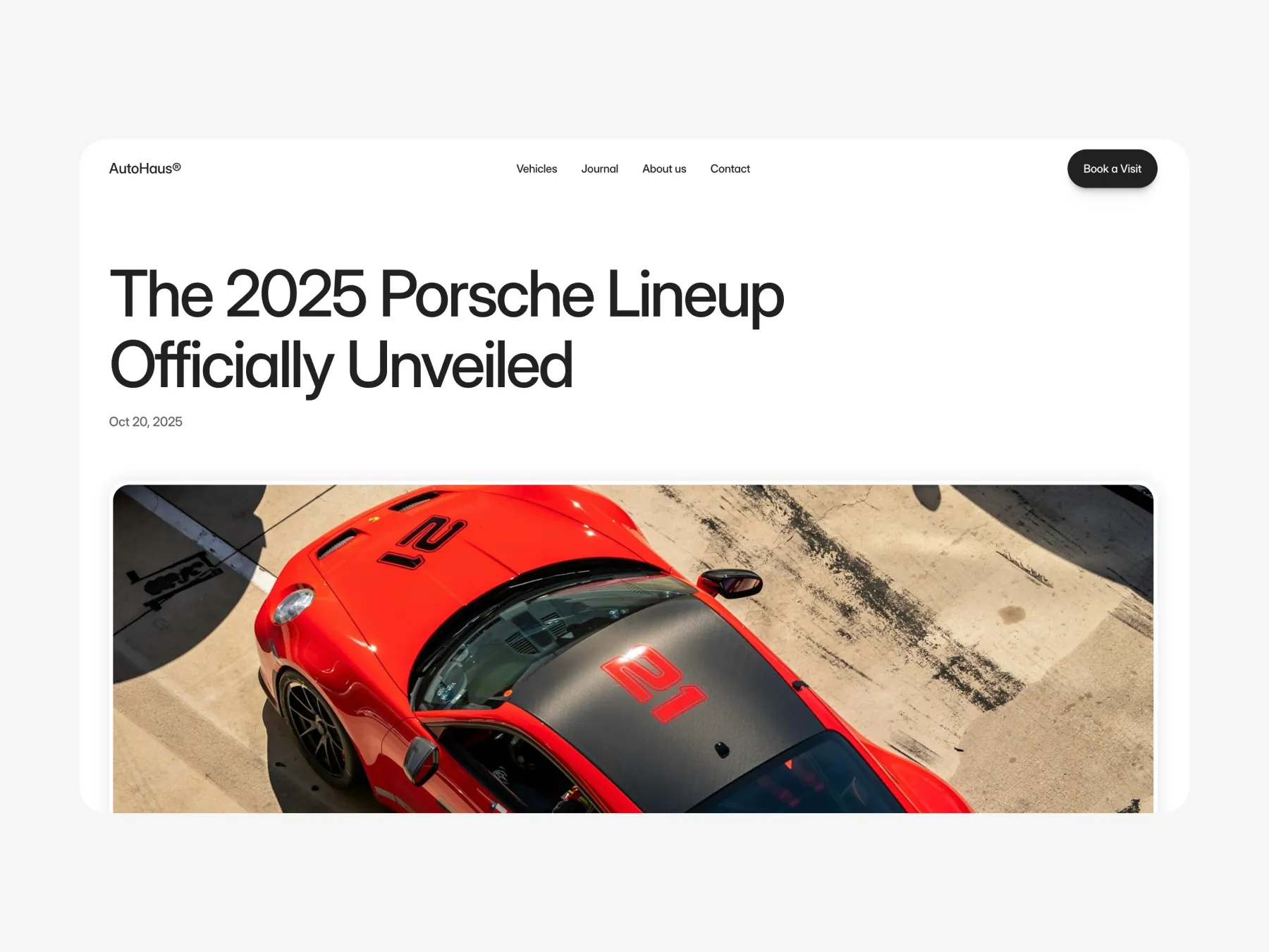 Car dealership website template blog article layout with featured image