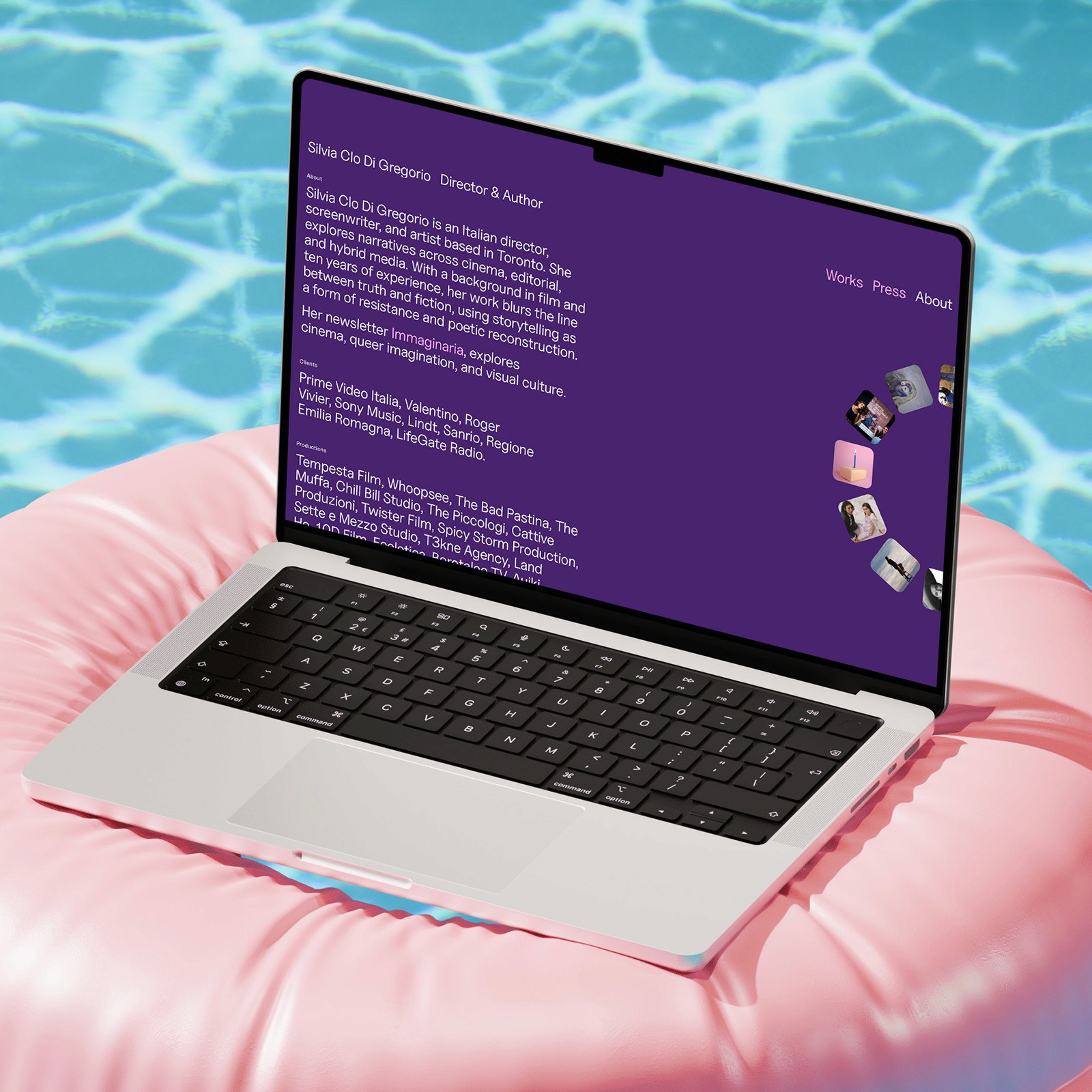 About page mockup on a Macbook floating on top of a rose pool float.
