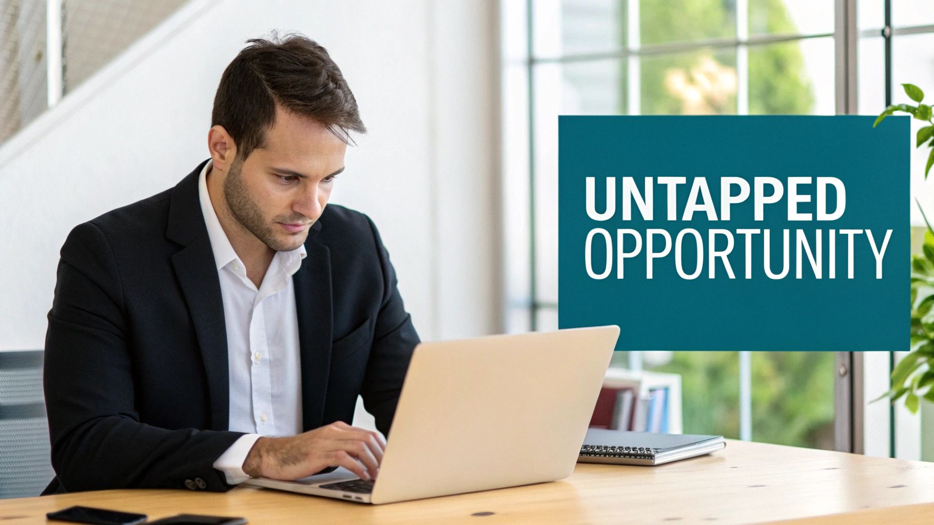 A focused businessman works on a laptop at a desk with an 'UNTAPPED OPPORTUNITY' sign.