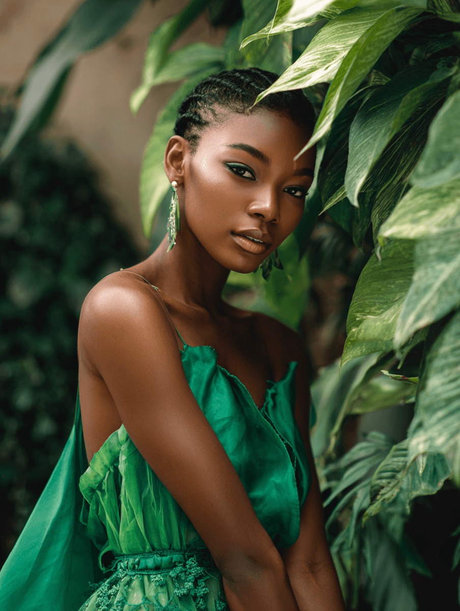 A woman in a green outfit poses gracefully against a backdrop of lush green foliage.