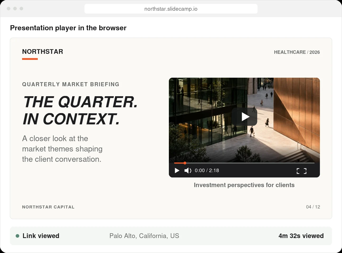 Fictional quarterly market briefing in a browser presentation player, with link viewing analytics.