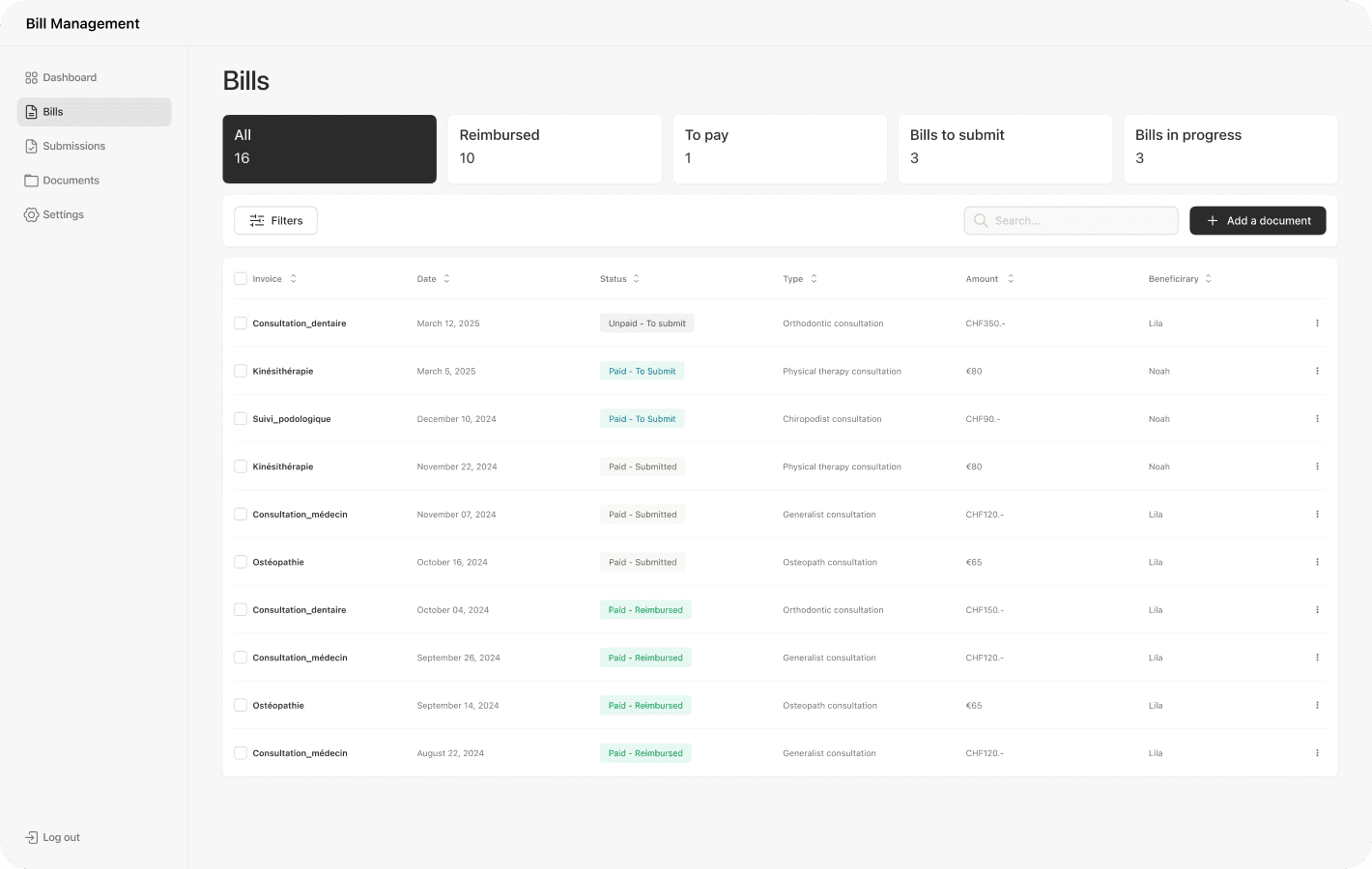 Dashboard Bill Management