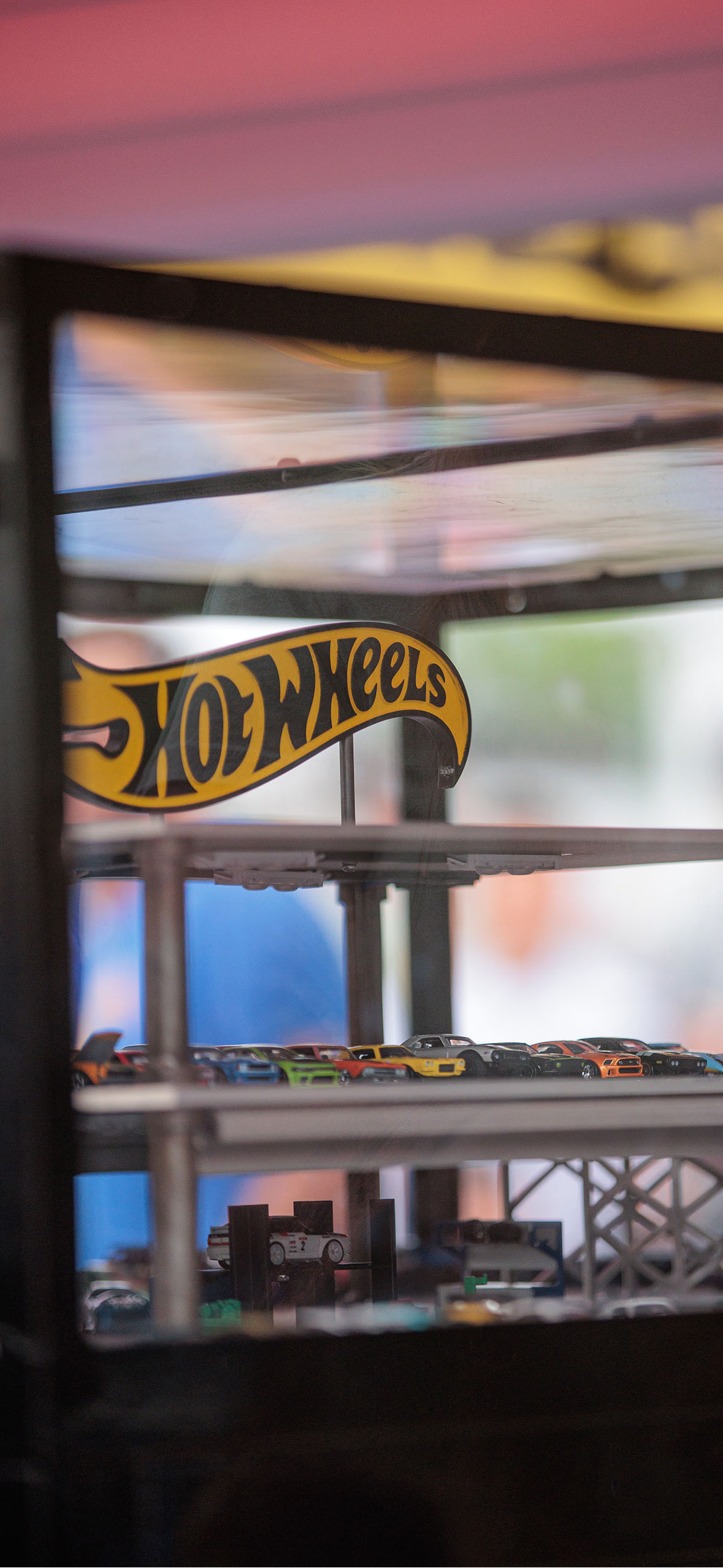 Hot Wheels logo above a display case filled with miniature Hot Wheels cars.