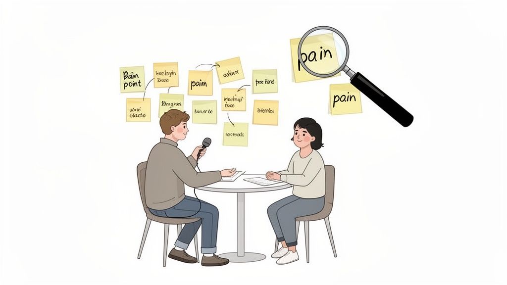 Illustration of a user interview focused on identifying pain points, using sticky notes for ideas.
