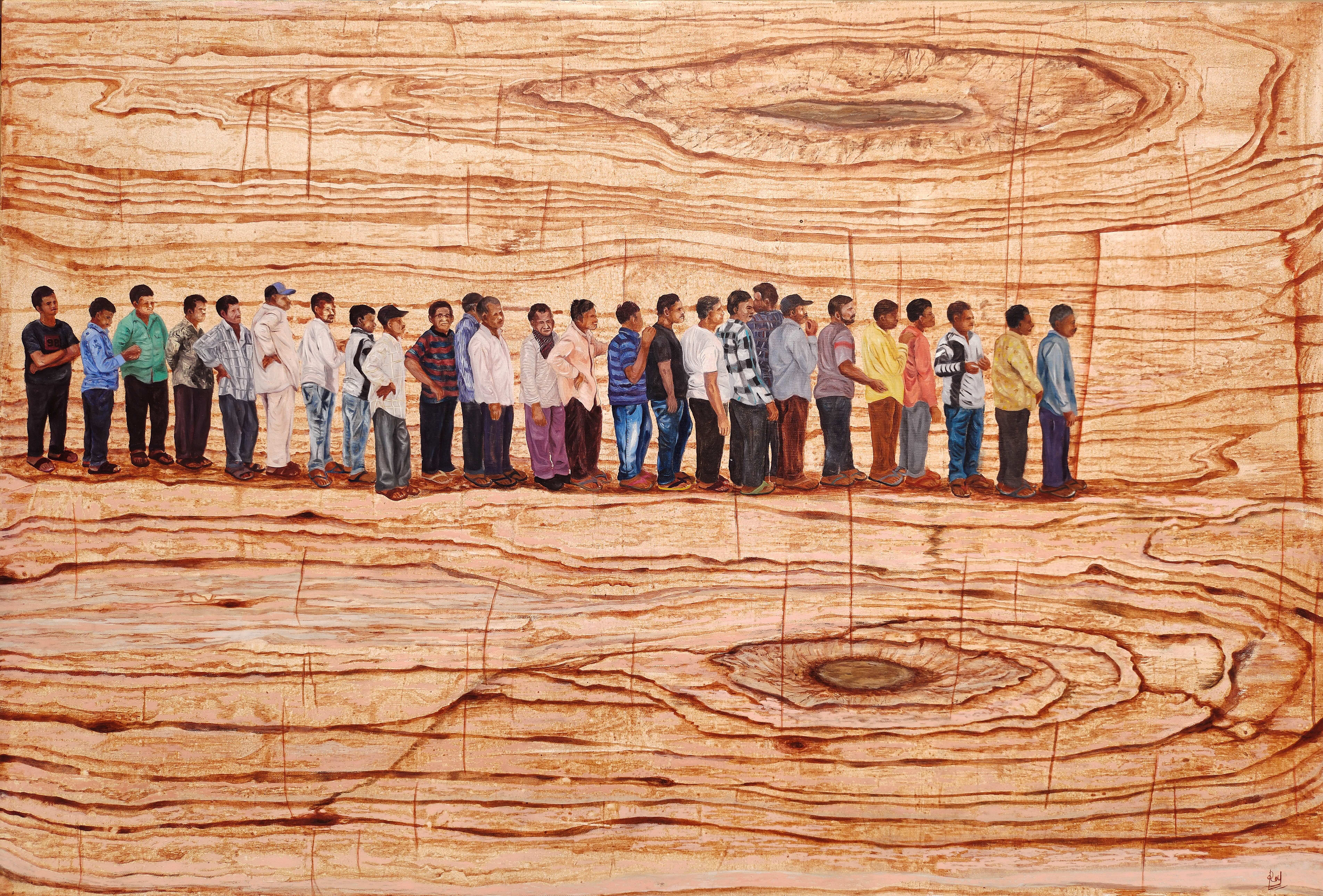 herd of sheep on road painting