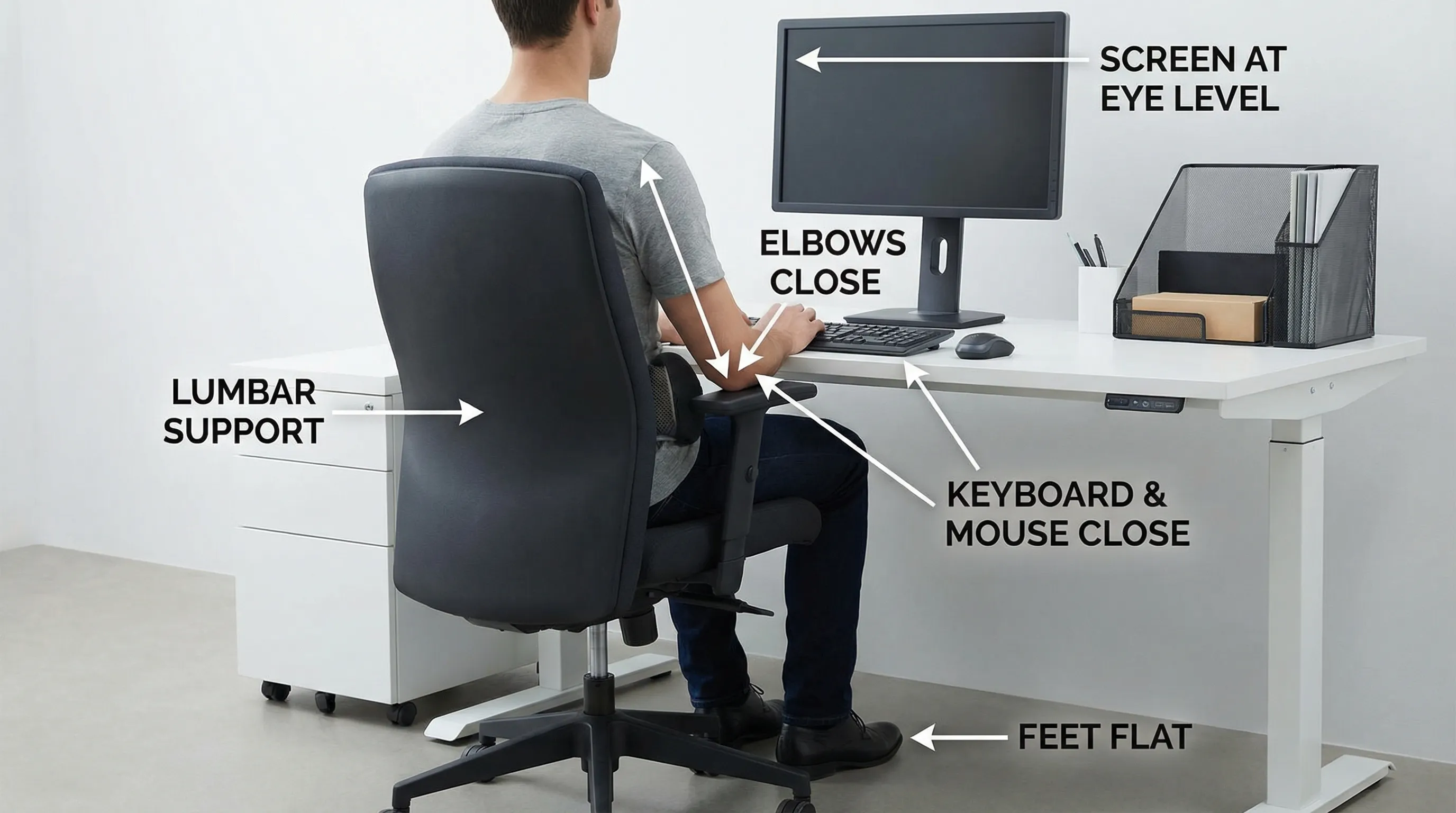 Simple diagram showing an ergonomic desk setup: feet flat on the floor, hips back in the chair, slight lumbar support at belt height, elbows close to the body, screen at eye level, keyboard and mouse close.