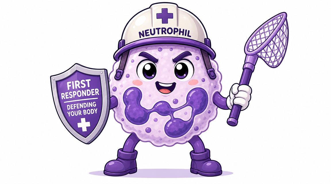 A cartoon illustration of a neutrophil white blood cell wearing a helmet and carrying a shield and net.