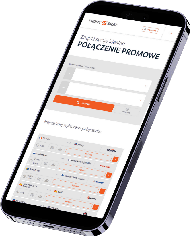 Smartfon z wyświetloną stroną internetową SKAT dotyczącą połączeń promowych, prezentujący formularz wyszukiwania rejsów i dostępne wyniki.