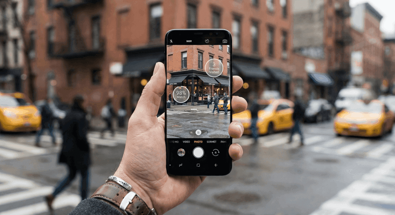 Hand holding a smartphone displaying an  reality camera view of a city street with data overlays while pedestrians and taxis move in the background.