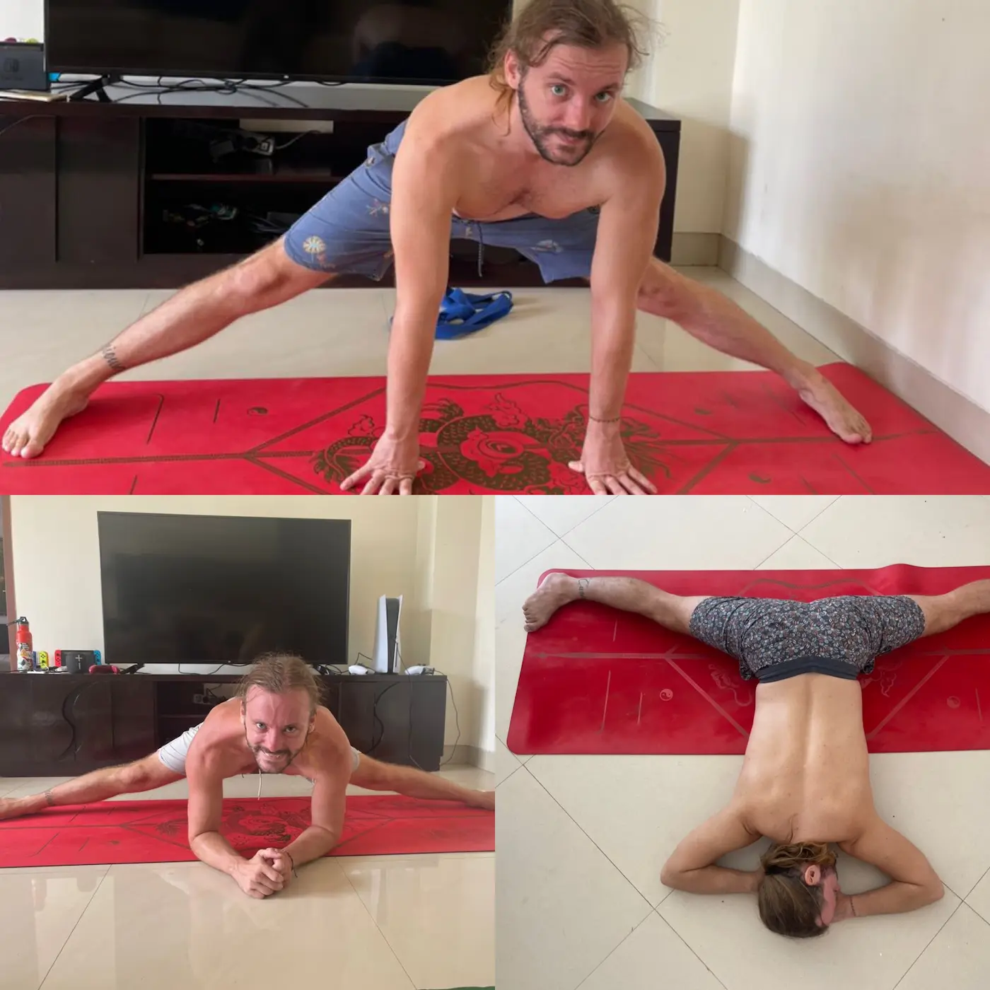 Male yoga student showing flexibility progress in wide-legged forward fold and splits during the training.