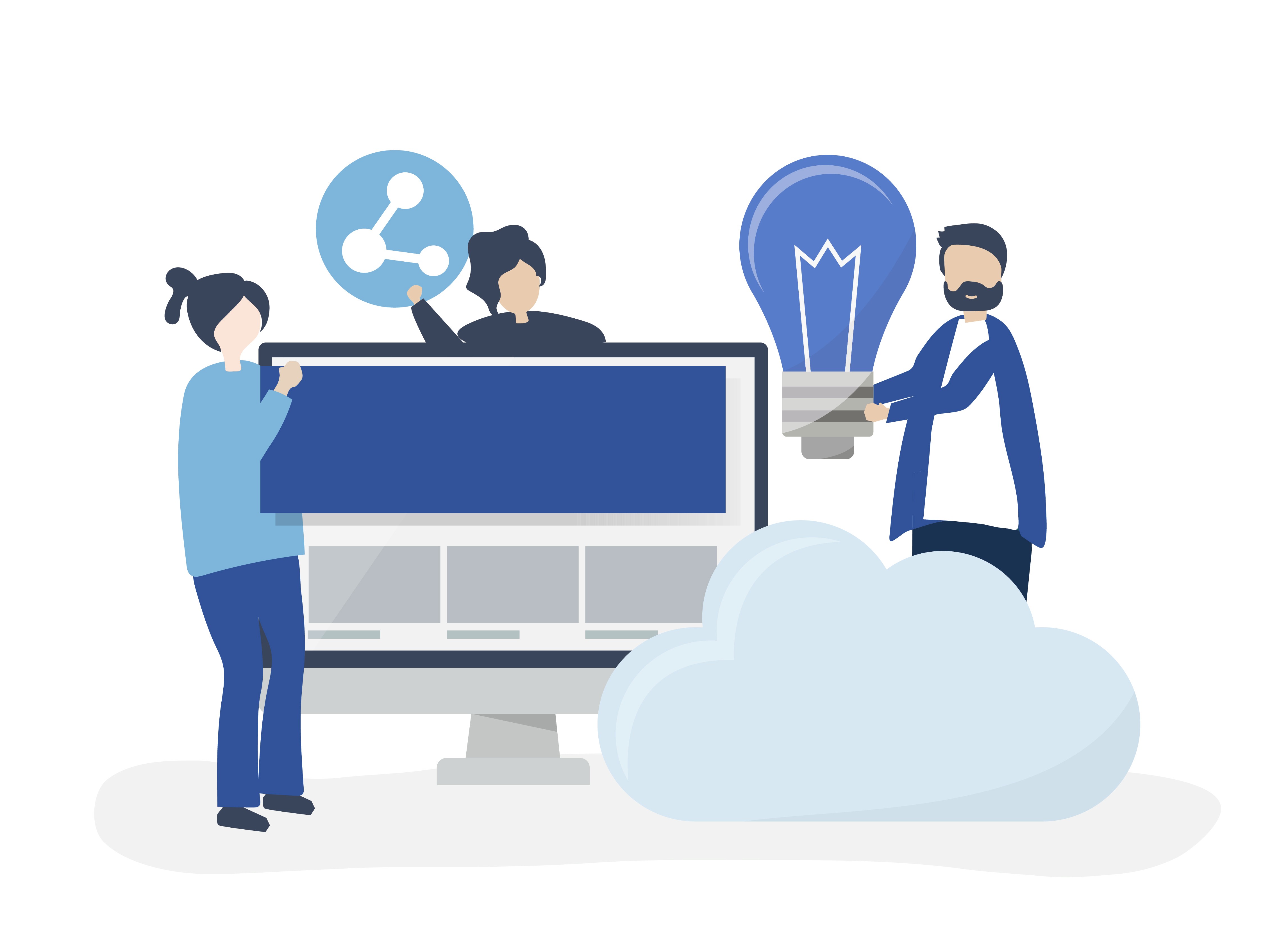 Illustration of AWS cloud engineers collaborating on solutions: figures working with a computer monitor, cloud storage, sharing ideas via icons