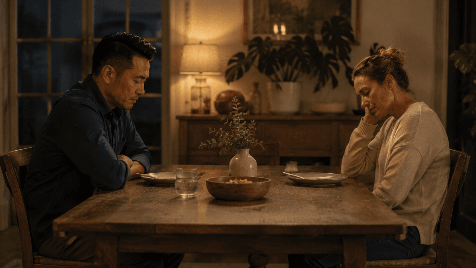 Couple sitting at opposite ends of a dining table in quiet emotional distance, relationship counselling New Zealand