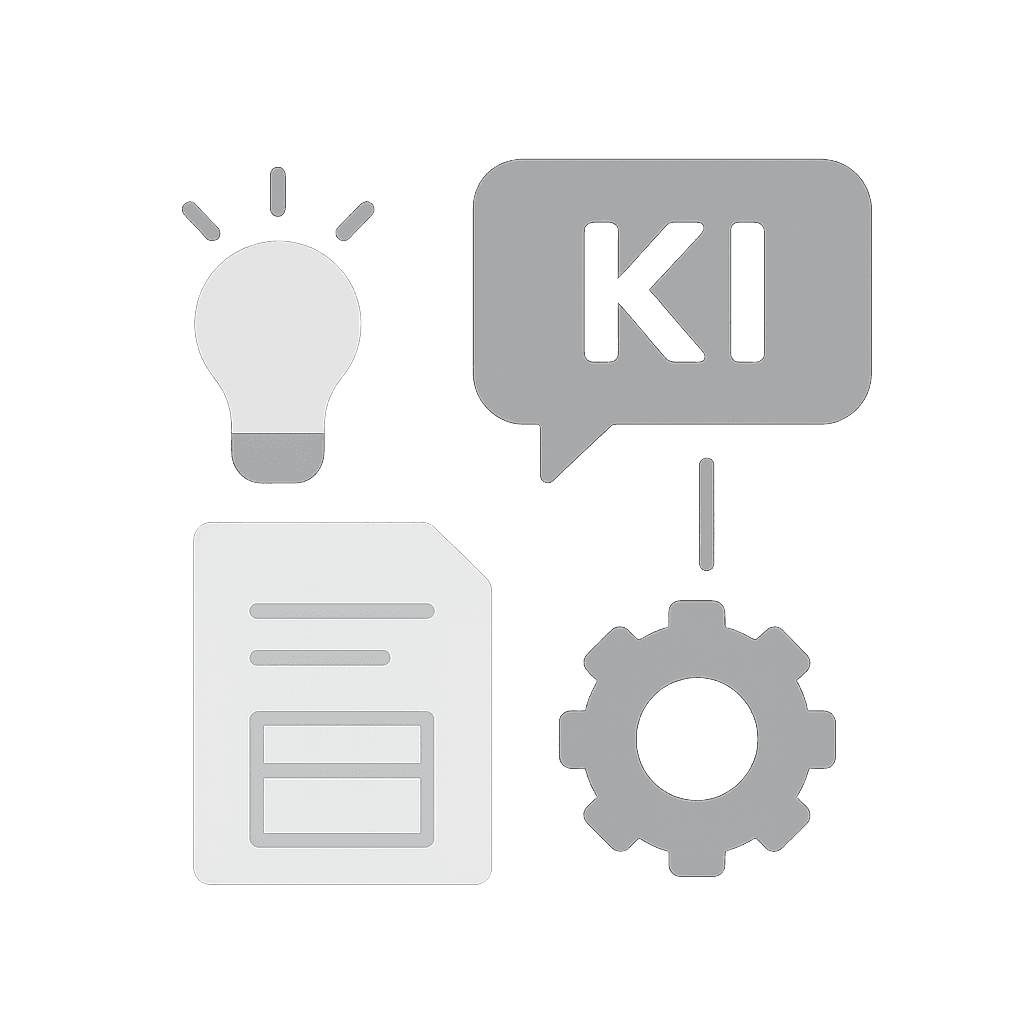 Zentraler Kreis mit „KI“, verbunden mit Icons für Bürogebäude, Fabrik, Monitor und Zahnrad – zeigt KI-Anwendungen in Unternehmen und Industrie.