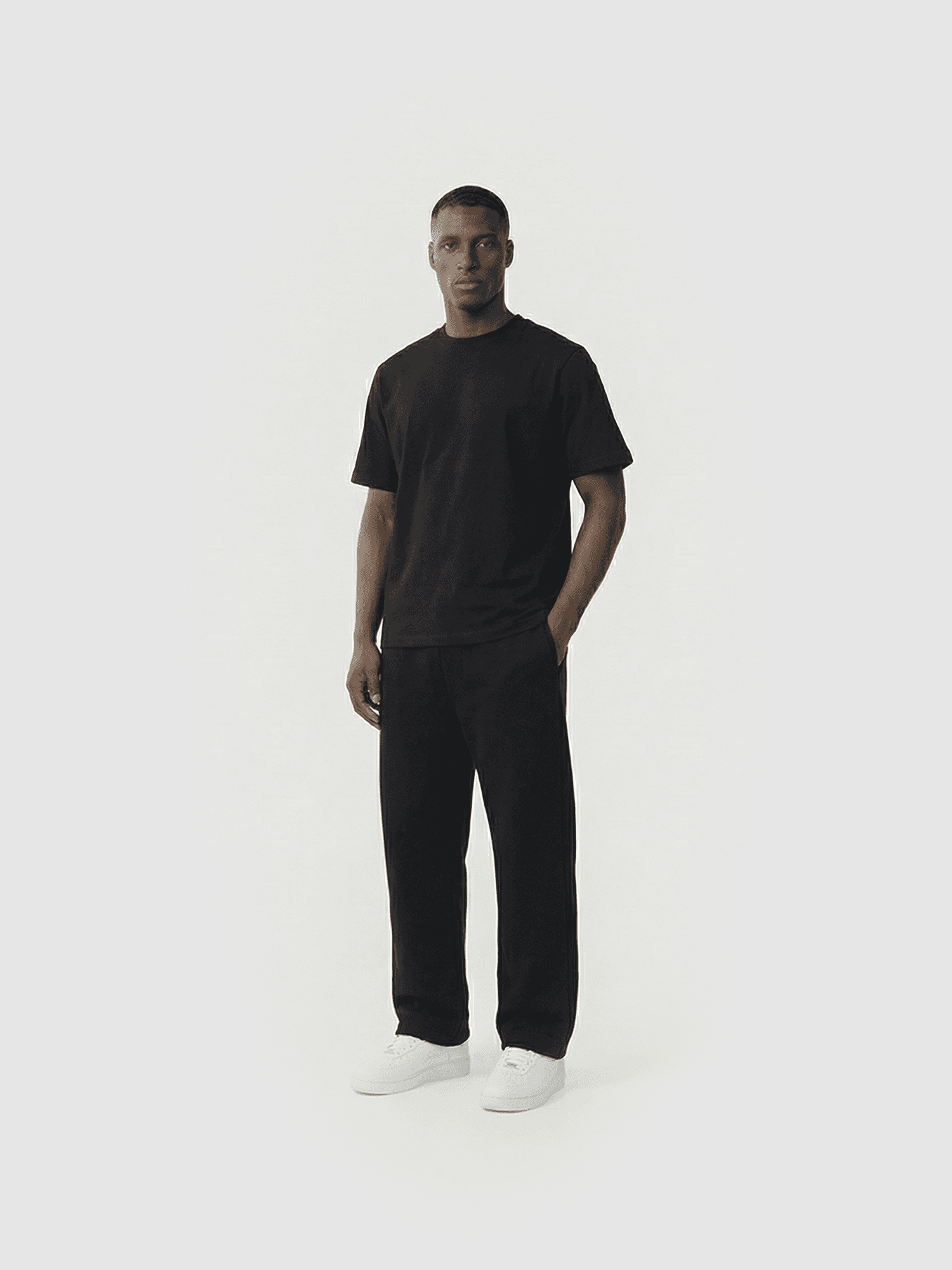 Heavyweight classic crew T-shirt in navy — front view on model.