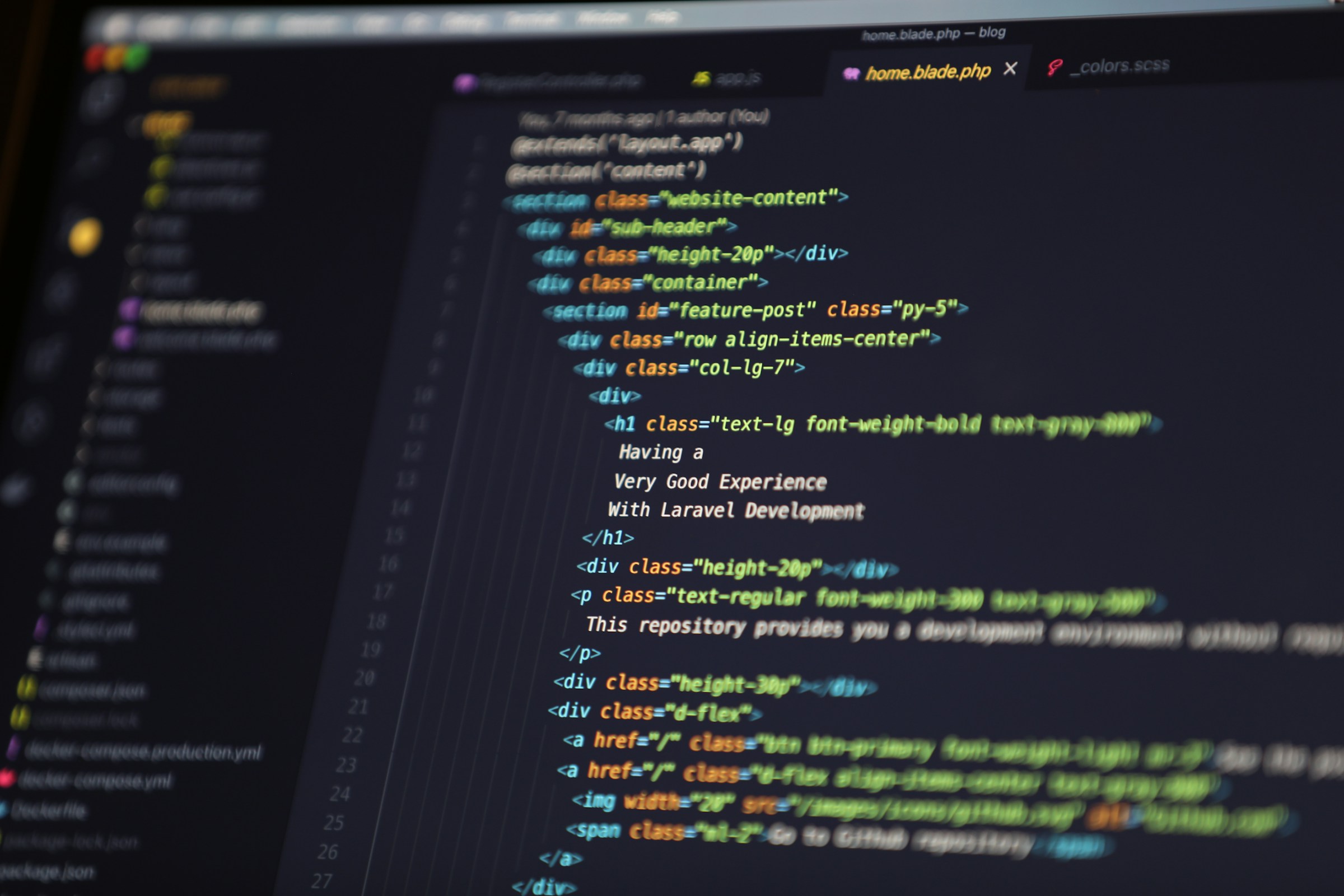A code editor with HTML code using semantic tags.