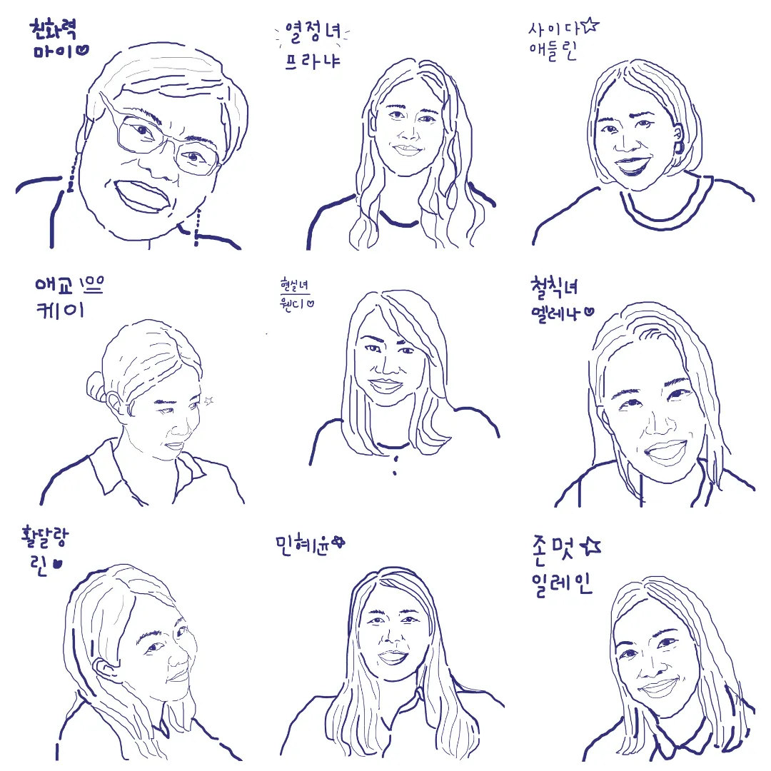 Handdrawn images of our individual selves of the whole team at 55 Minutes by Hye Yoon, Min.