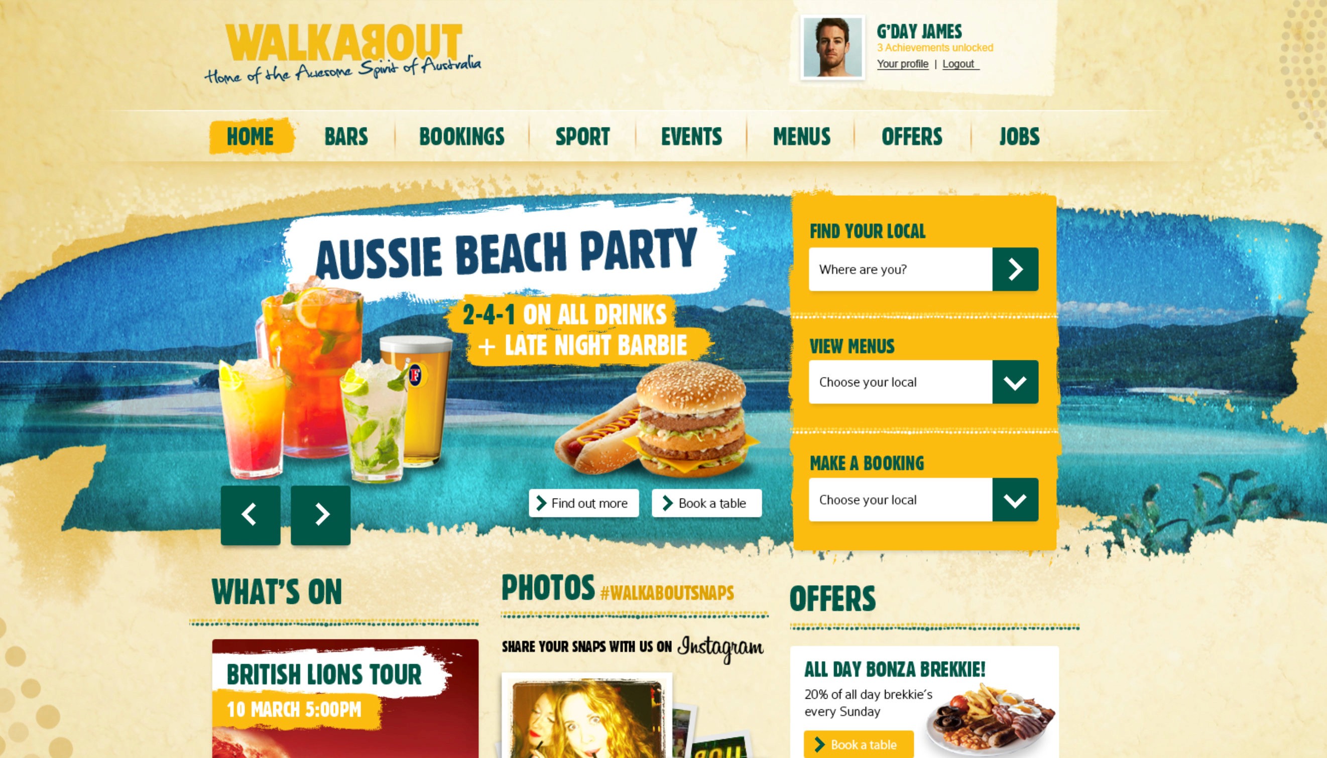 Homepage concept for Walkabout bars