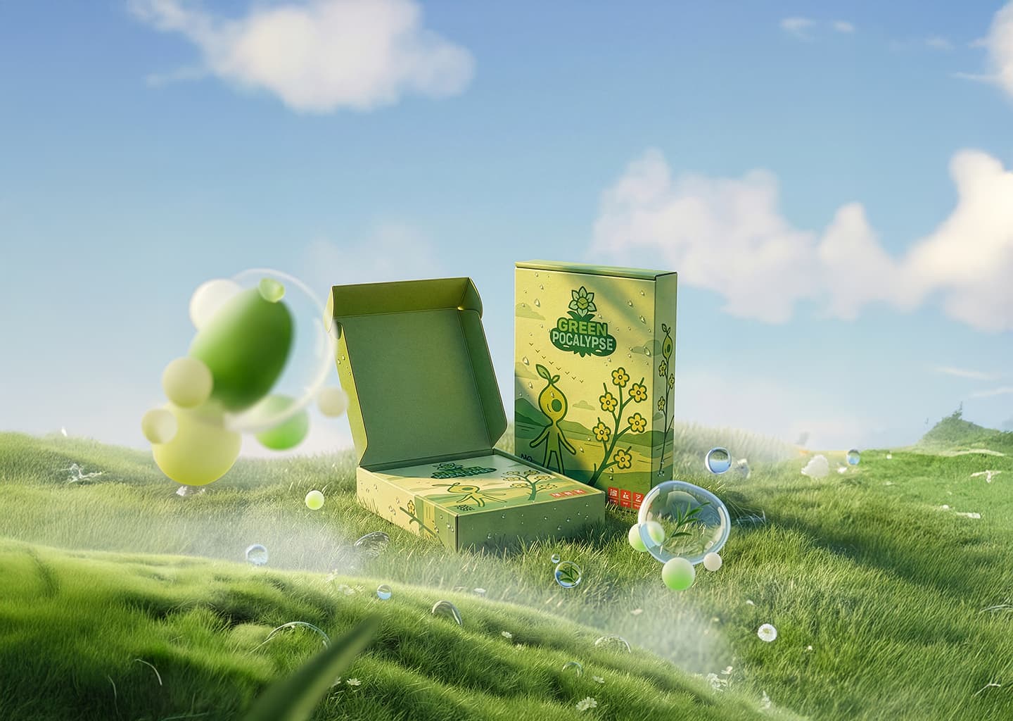 Boîte de jeu écologique Green Pocalypse au design vert, posée sur une prairie, illustrant des plantes et un univers nature durable.