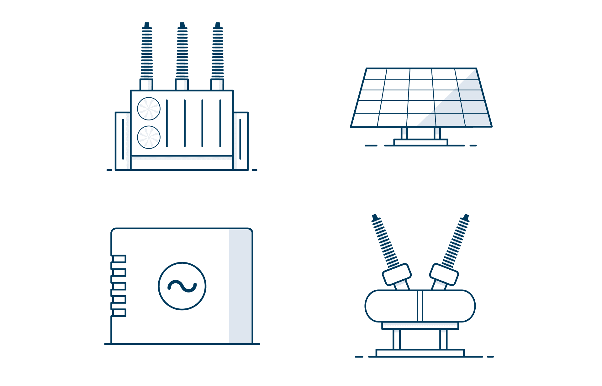4 pictograms arranged 2 by 2. They depict a recloser control, solar panel, generator, and a substation
