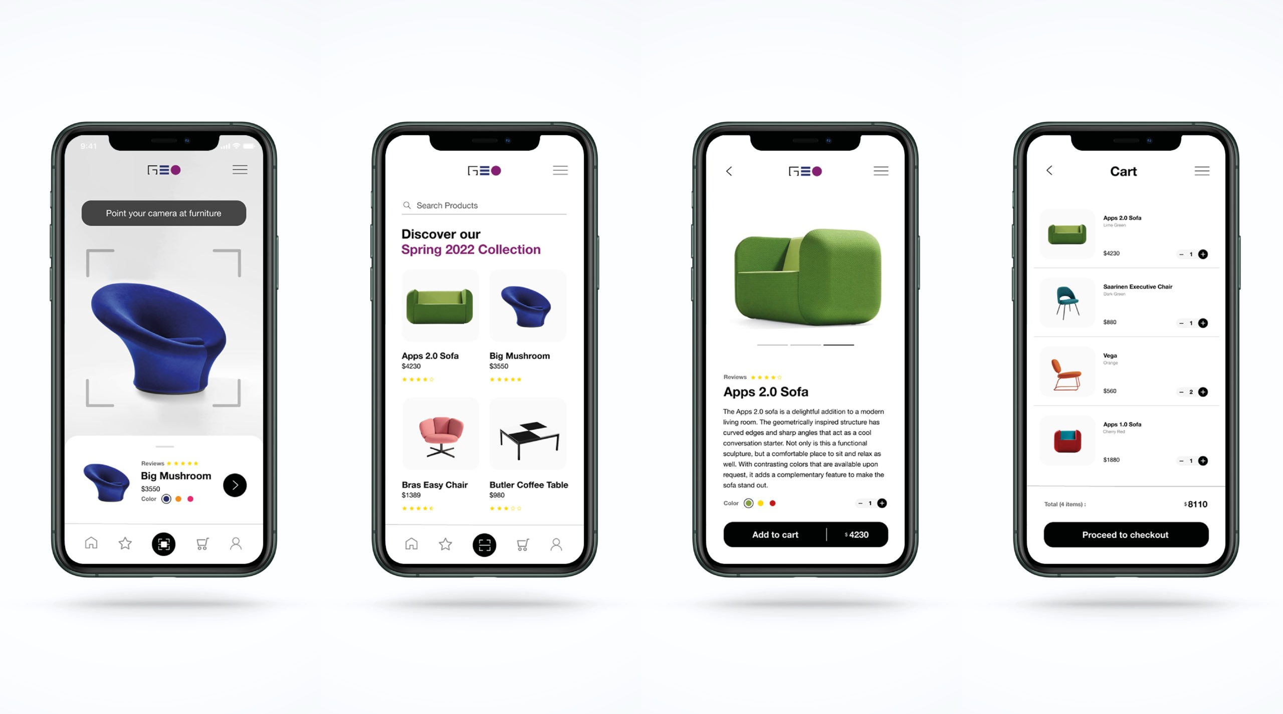 four screens that showcase a furniture e-commerce