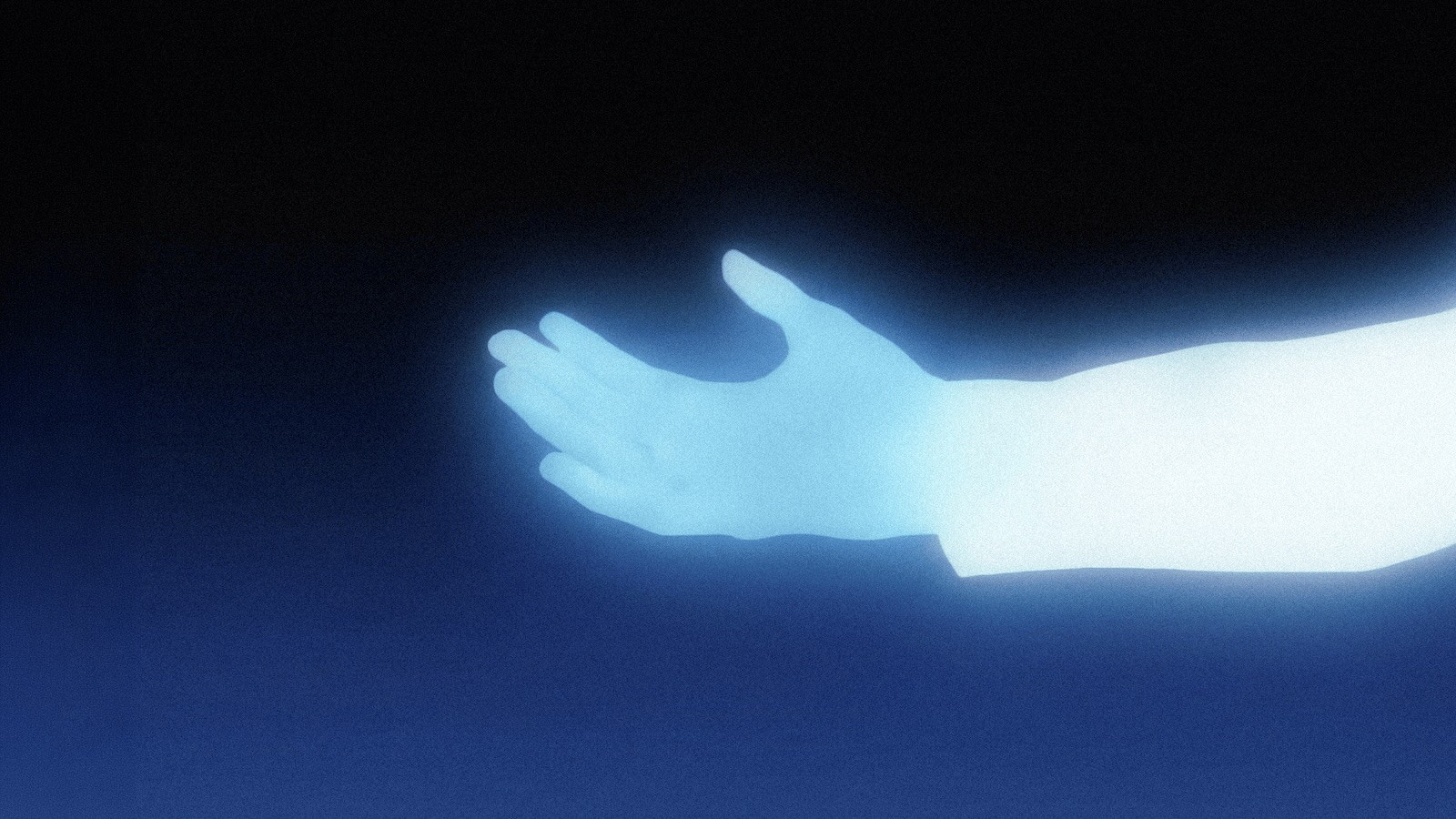 Glowing blue human hand emerging from darkness, softly illuminated with a grainy texture