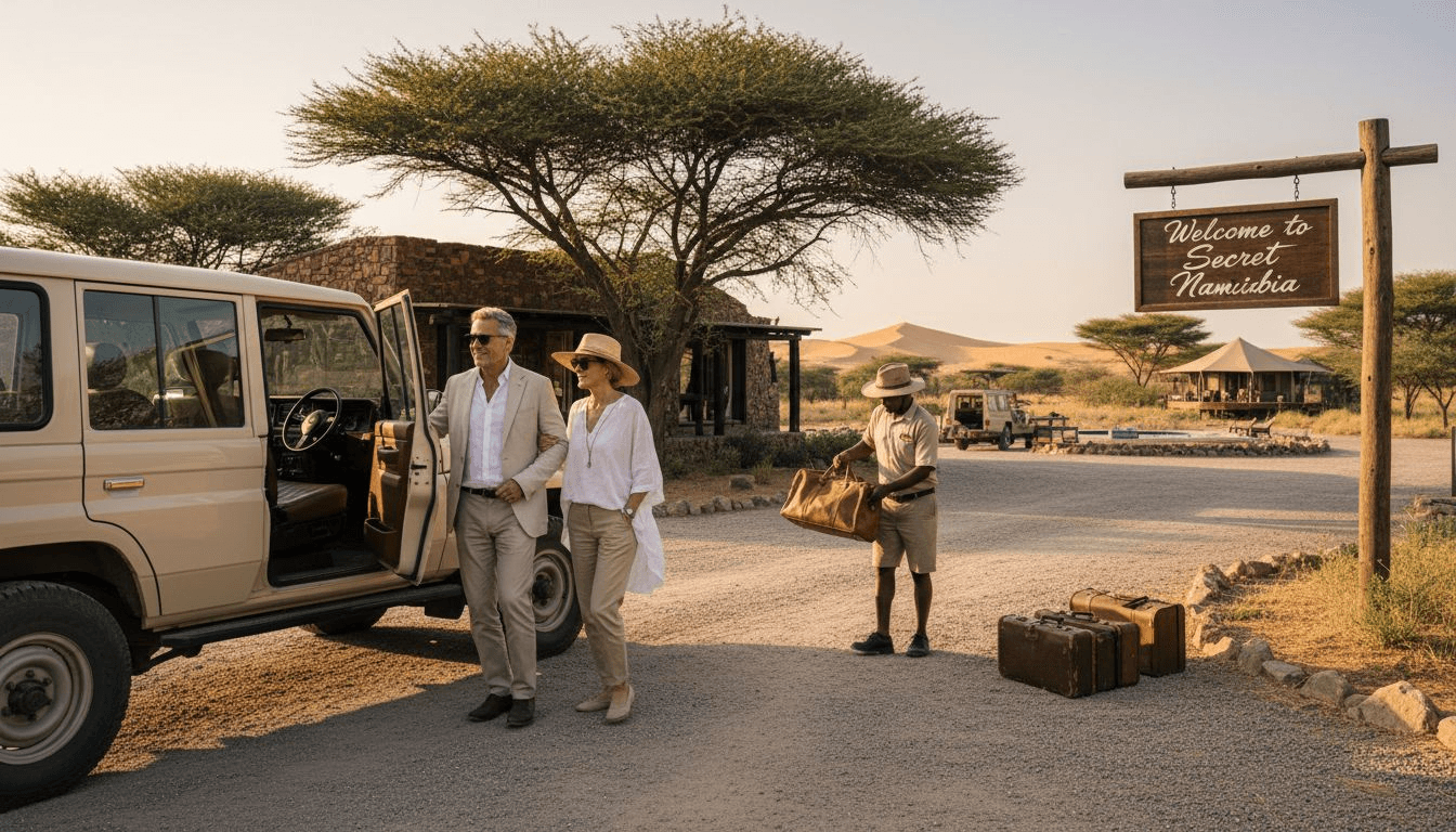 Couple arriving at safari lodge in Namibia