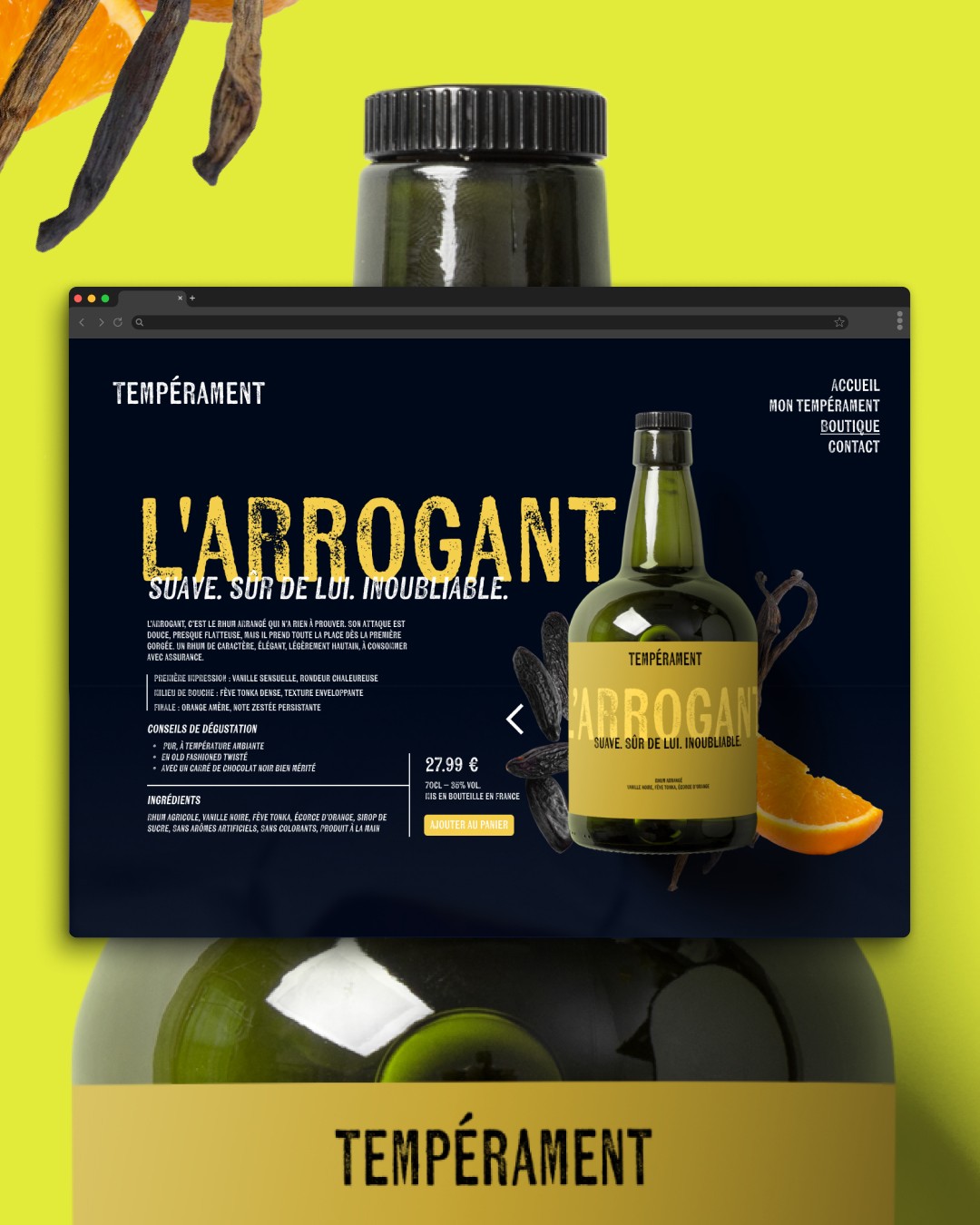 Composite direction artistique L'Arrogant Tempérament — page produit e-commerce sur fond chartreuse avec bouteille verte et étiquette or, cohérence totale entre UI design et packaging, Tartelette Concept graphiste Toulouse