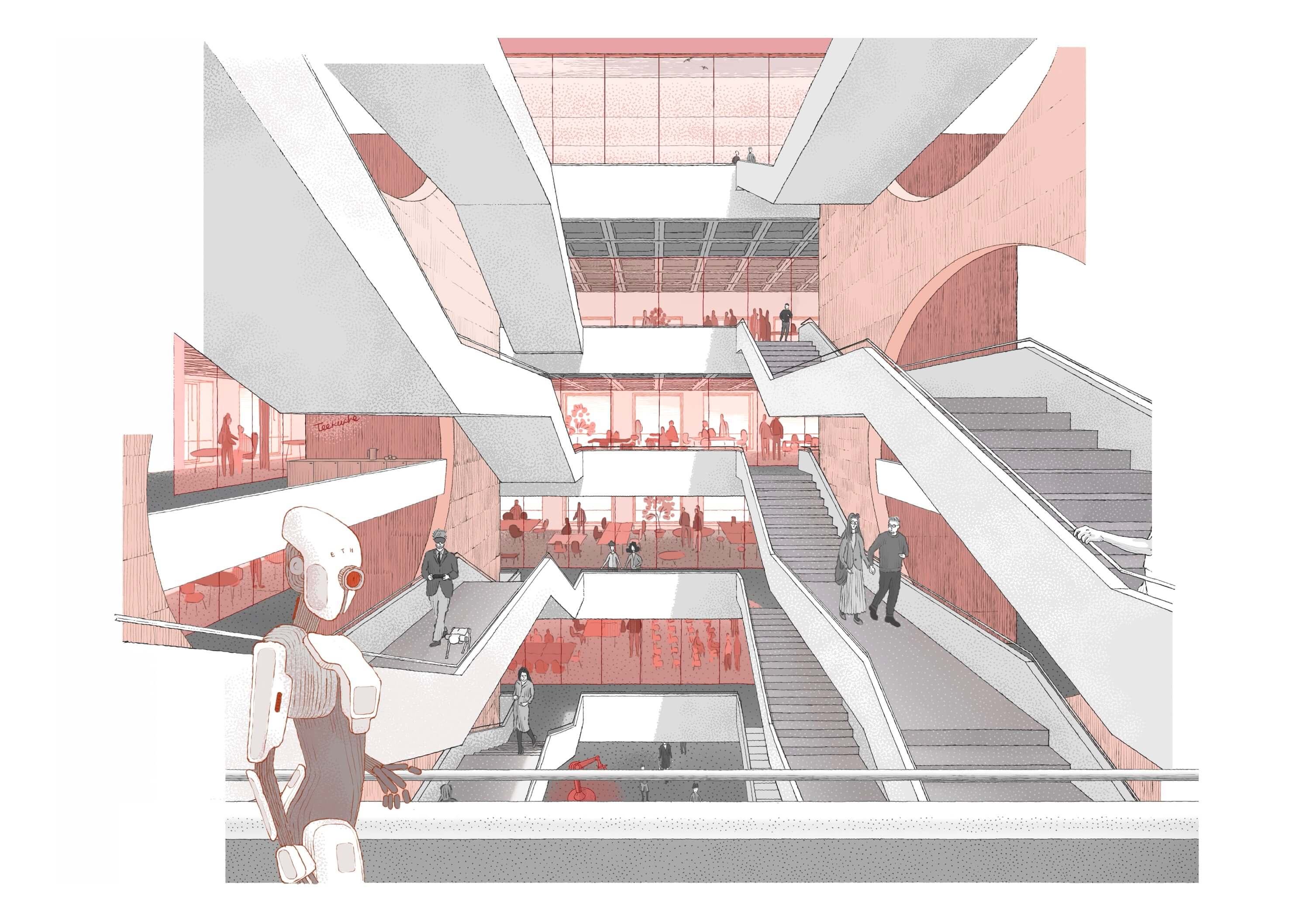 Abstract architectural design with layered surfaces and geometric shapes in a mix of soft colors.