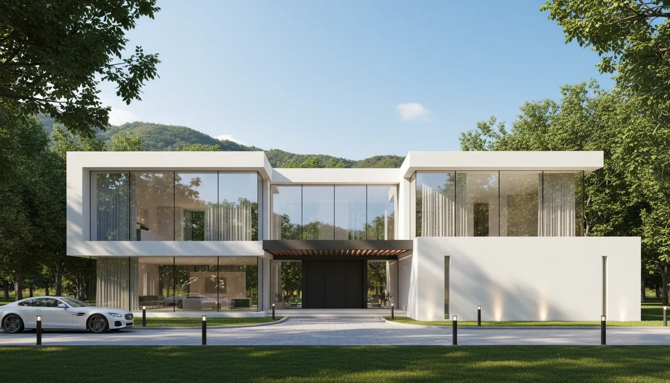 Photorealistic 3D architectural render of an ultra-modern, two-story villa, SketchUp and V-Ray style. The building features massive floor-to-ceiling glass walls, a prominent dark charcoal central entrance with a slatted wood pergola overhead, and white concrete surfaces. The scene is illuminated by bright afternoon daylight with soft global illumination, accented by warm uplighting on the facade and glowing modern bollard lights along a paved driveway. The villa is framed by lush, mature green trees, with rolling hills visible in the background under a blue sky. A manicured lawn and a white car parked in the driveway enhance the luxurious atmosphere.