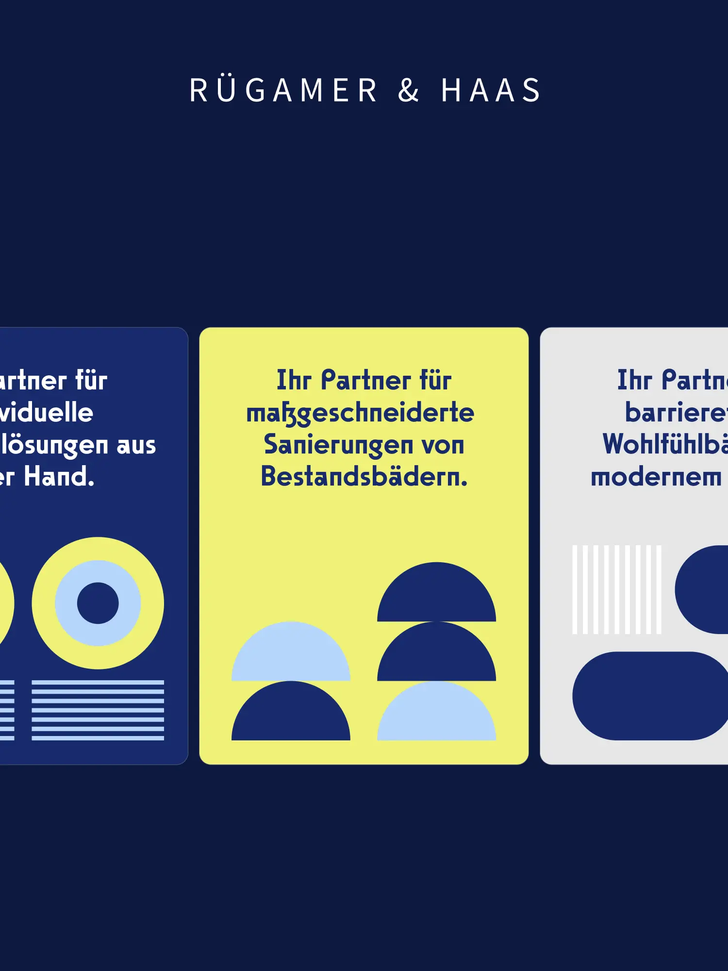 Tablet mit der Website von Rügamer & Haas: Hero-Bild eines modernen Bads, Headline „Badexperten seit 20 Jahren“ und Partnerlogos von Villeroy & Boch, HEWI und Ideal Standard.