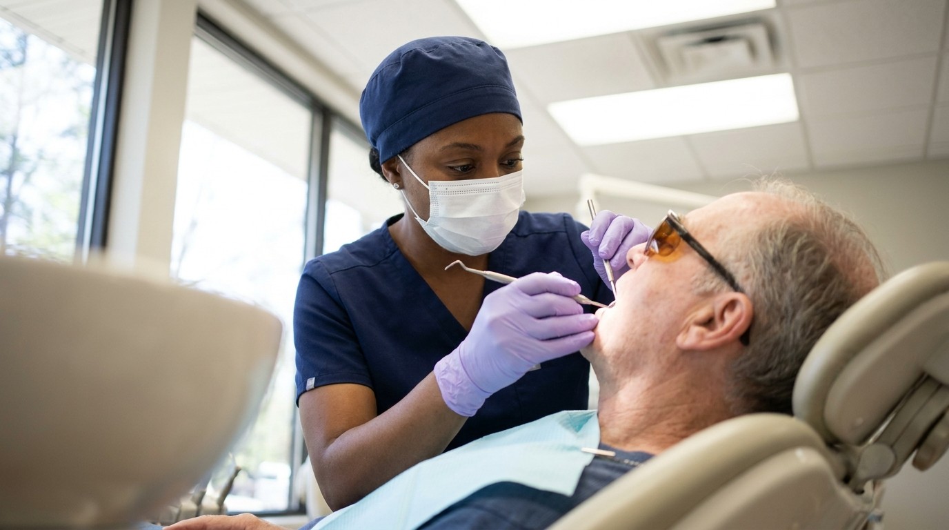 A dental hygienist in gloves and a mask cleans an older patient's teeth with a hand scaler while he reclines in tinted safety glasses