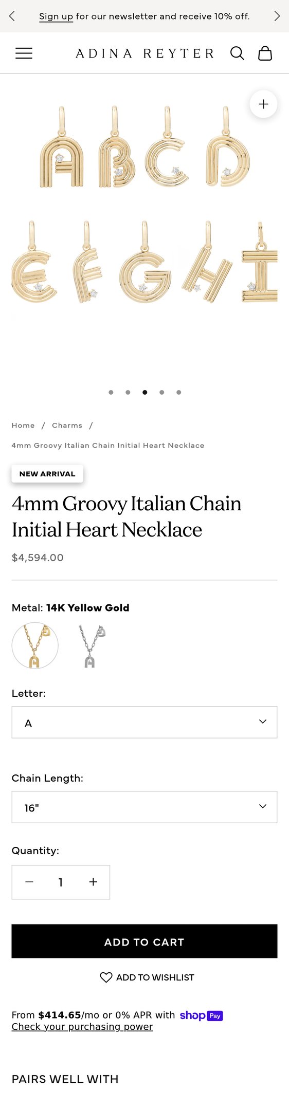 Jewelry product options include: necklace, pendant, chain for 4mm Groovy Italian Chain Initial Heart Necklace from Adina Reyter.