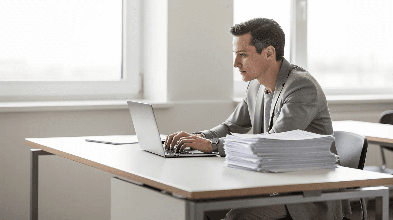 Un enseignant consulte un écran d'ordinateur portable tout en ayant des copies empilées à côté sur un bureau moderne, illustrant le processus de correction des copies avec des outils d'intelligence artificielle. Cette scène reflète l'engagement des professeurs dans l'évaluation et l'enseignement des élèves.