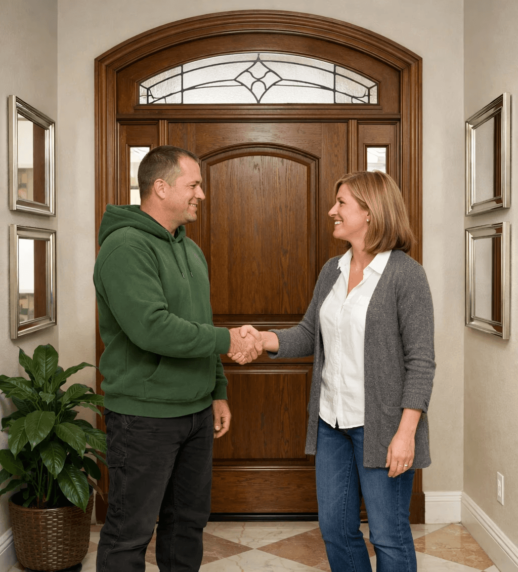Deux personnes se tiennent debout dans une entrée de maison, se serrant la main. Un homme vêtu d'un coton ouaté vert, un pantalon noir et des bottes de travail. Une femme vêtue d'un jean bleu, d'une chemise blanche et d'un cardigan gris. On voit une magnifique porte en bois avec un plancher en damier en porcelaine crème et blanc veiné. Des cadres sont apposés aux murs en effet miroir deux à gauche et deux à droite. Une plante se trouve au sol, à gauche près de la porte d'entrée.