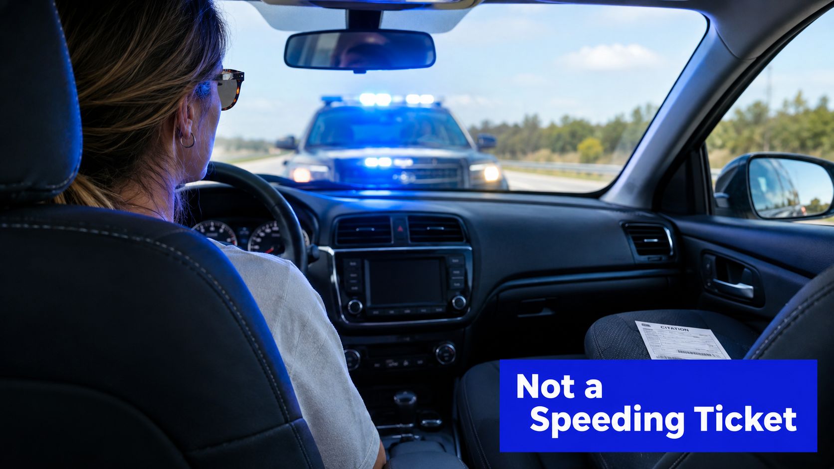 A woman driving a car watches a police vehicle with blue emergency lights approaching from behind.