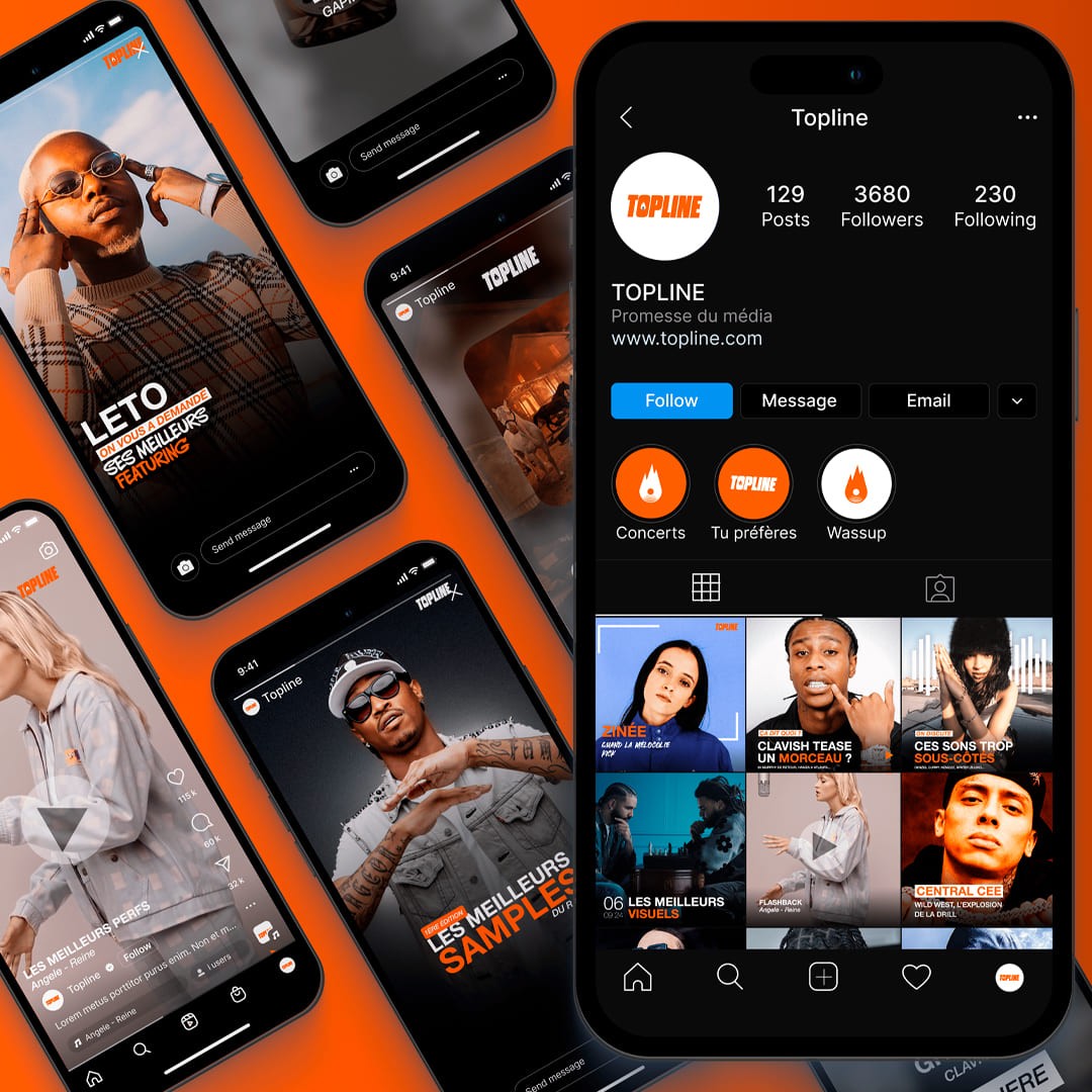 Pictogramme seul (icône) du logo du média digital TopLine. L'icône est une forme de flamme stylisée, de couleur orange vif, avec des pointes. À l'intérieur de la flamme, dans la partie inférieure, un motif de disque vinyle ou de cercle concentrique symbolise la musique et l'énergie du rap. Ce picto est utilisé dans la charte graphique de TopLine pour la stratégie réseaux sociaux et l'identité visuelle du média musical, conçu par Nux-Studio.