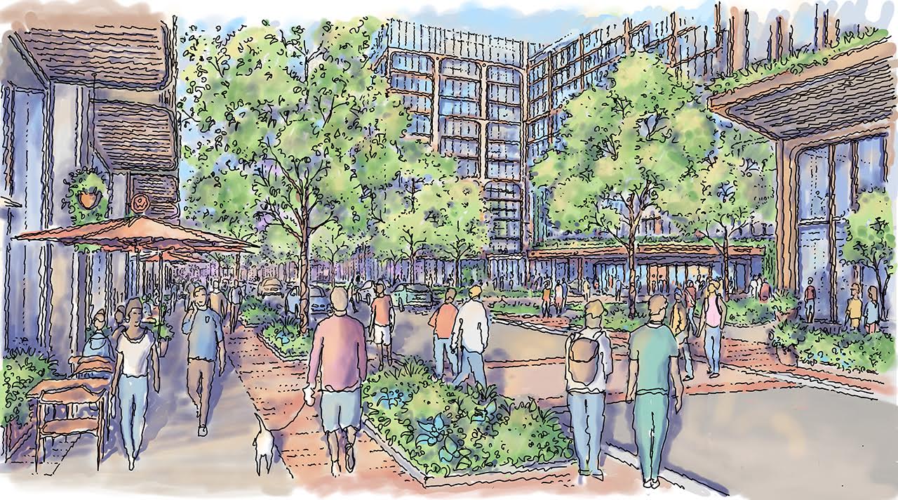 Rendering of Tampa General Hospital's proposed East Ybor campus showing modern medical buildings with landscaped grounds featuring green space, trees, and pedestrian areas with people