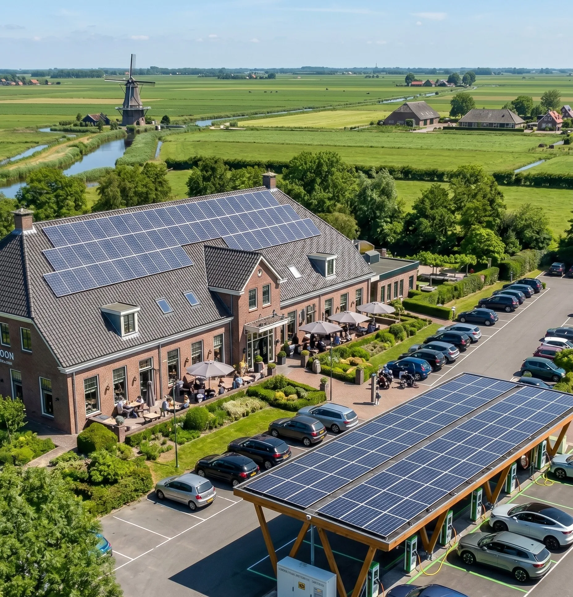 Bedrijfspand met zonnepanelen en laadpalen