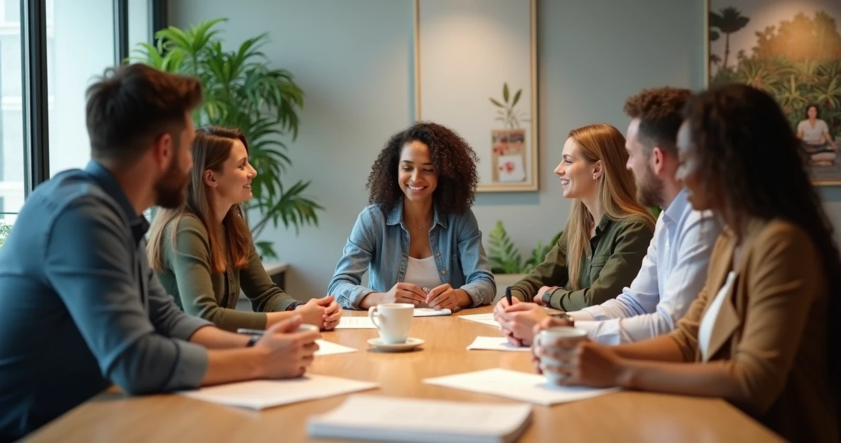 Equipe de escritório discutindo sentado à mesa de reunião, clima leve, papéis e canecas de café, ambiente moderno e acolhedor 